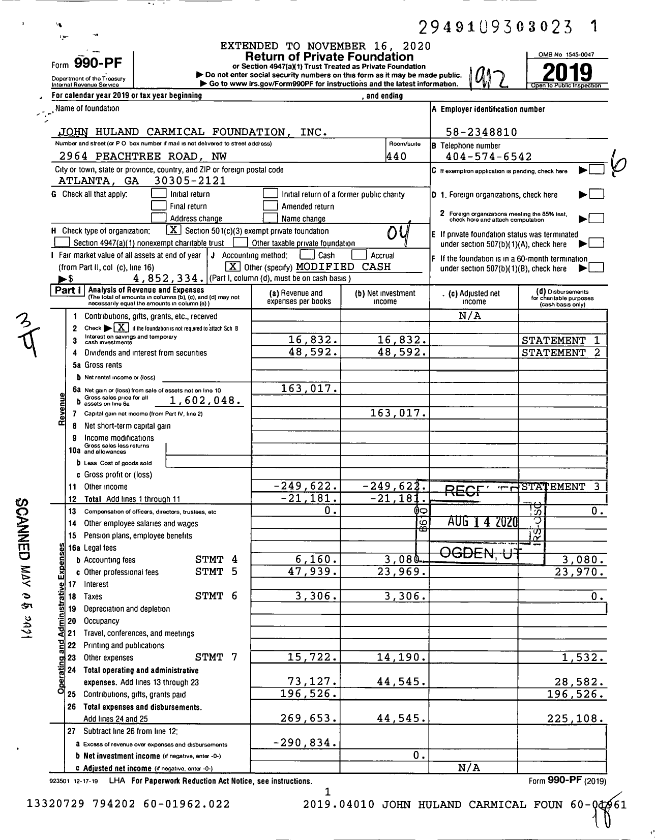 Image of first page of 2019 Form 990PF for John Huland Carmical Foundation