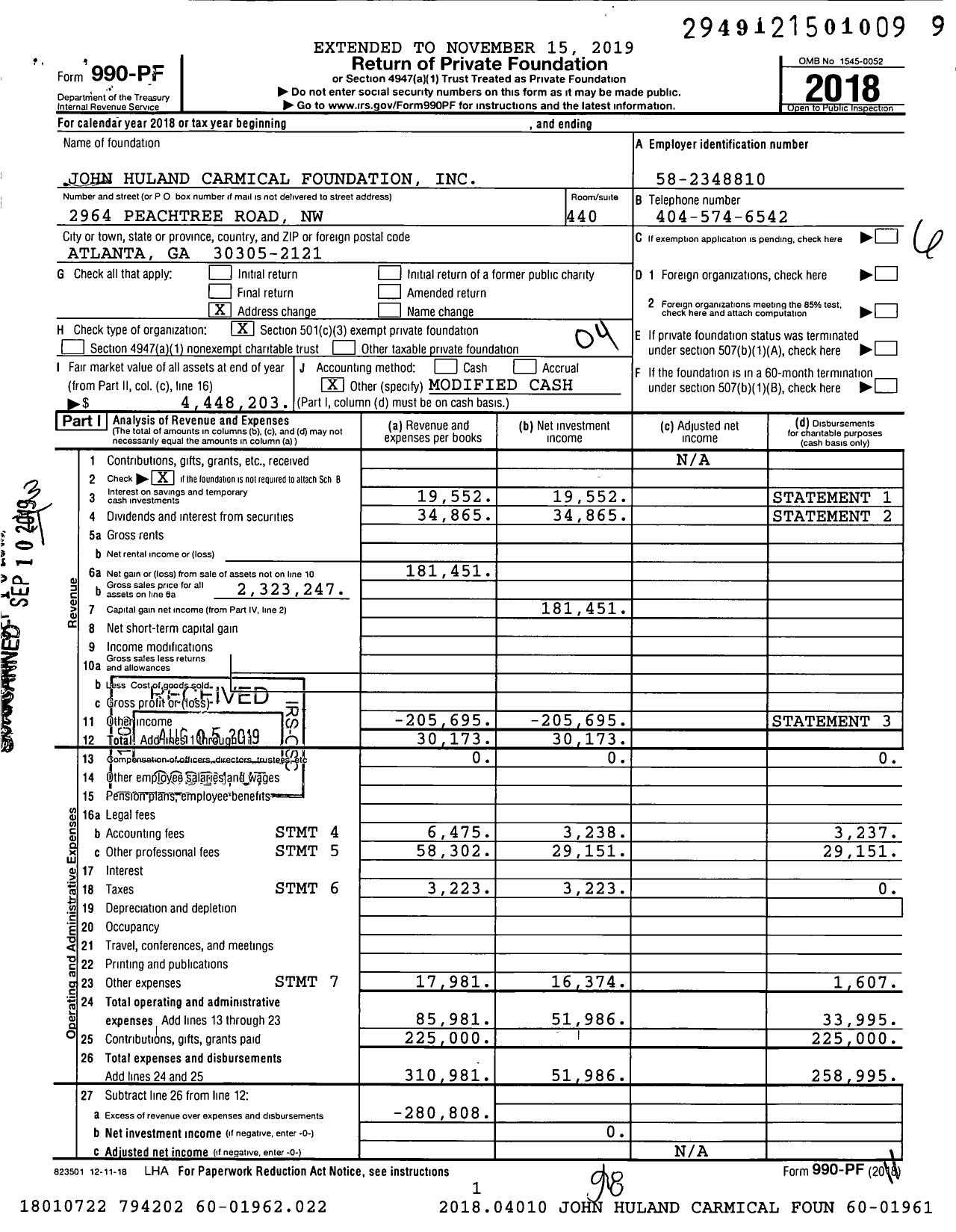 Image of first page of 2018 Form 990PF for John Huland Carmical Foundation