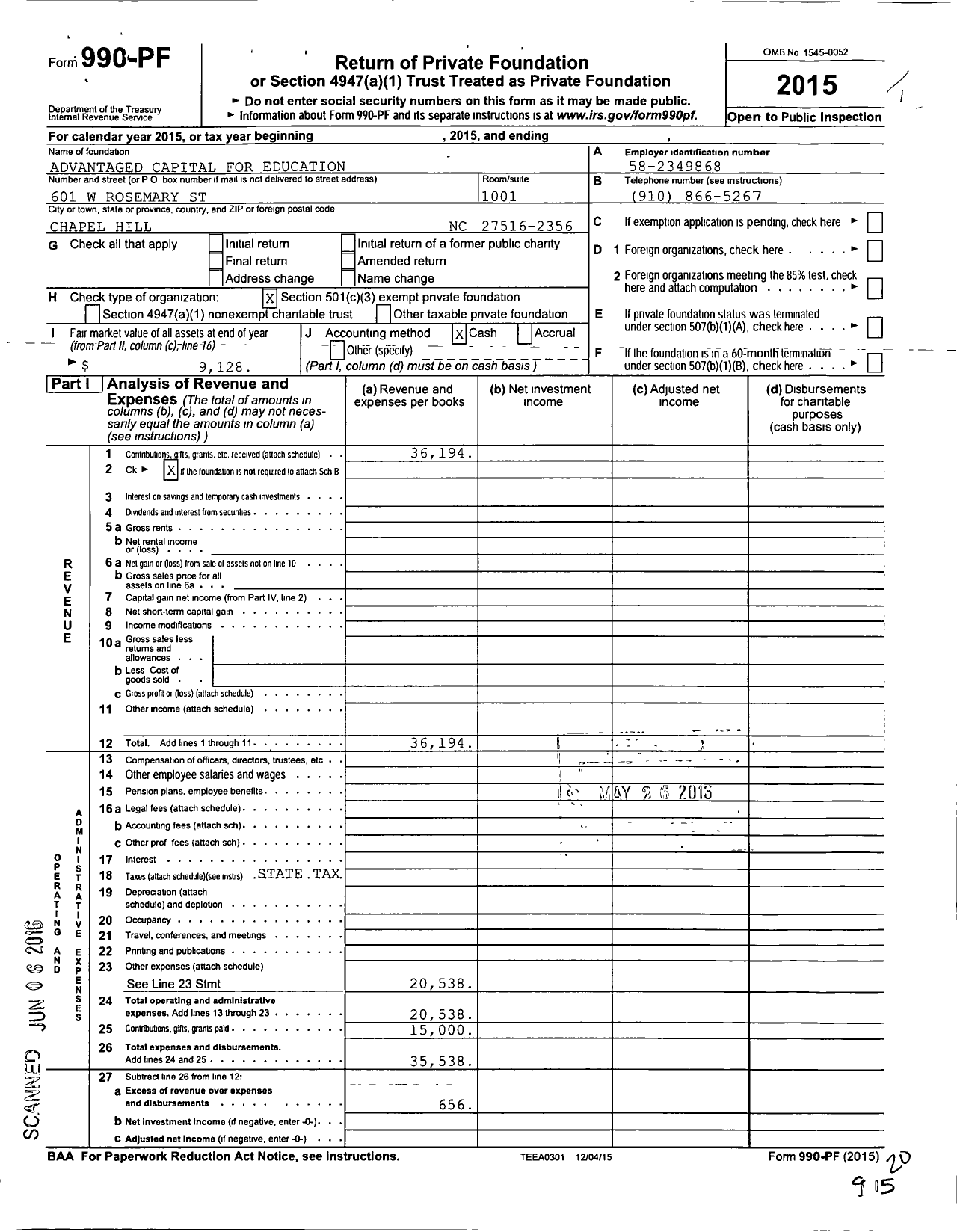 Image of first page of 2015 Form 990PF for ADVANTAGEd CAPITAL FOR EDUCATION