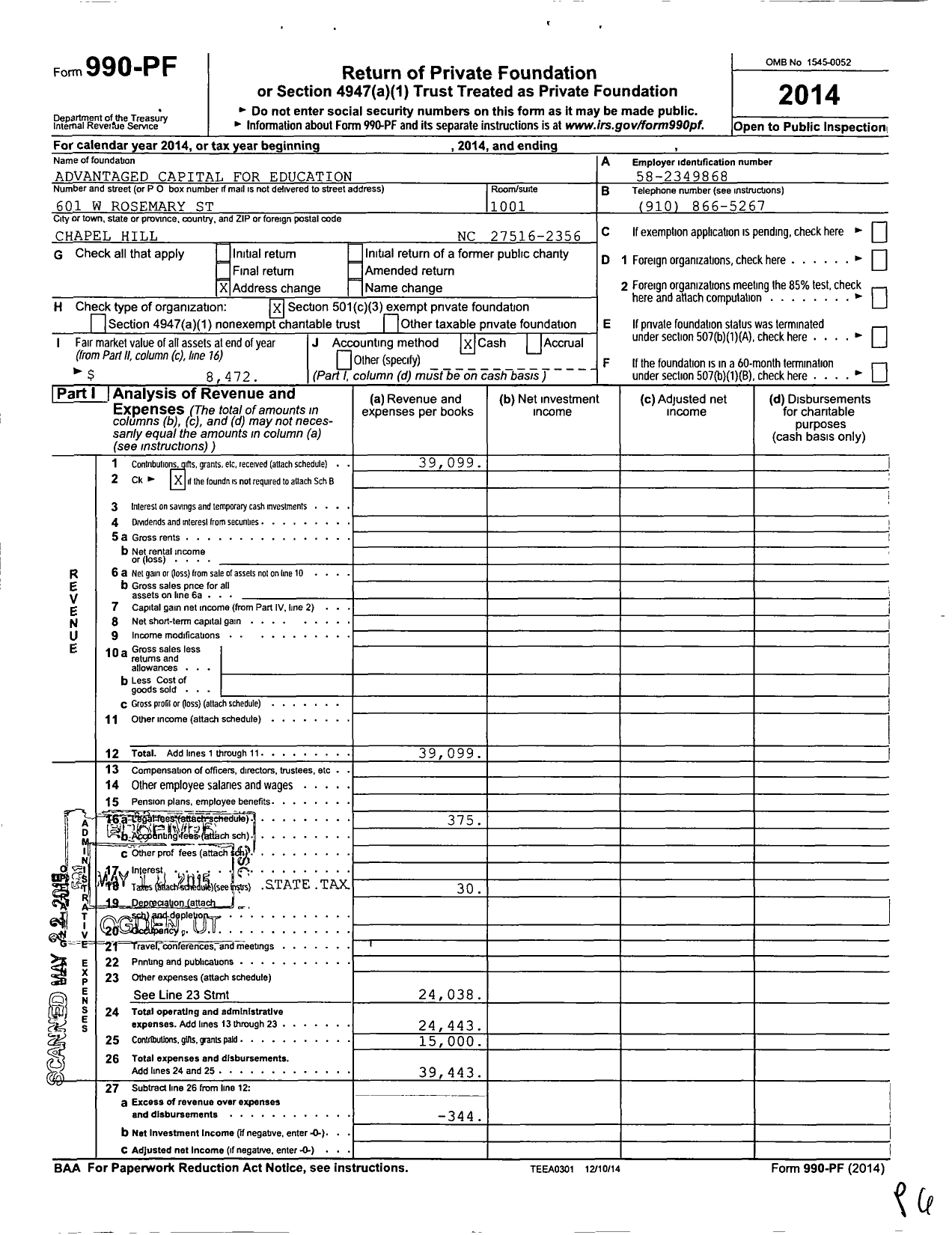 Image of first page of 2014 Form 990PF for ADVANTAGEd CAPITAL FOR EDUCATION