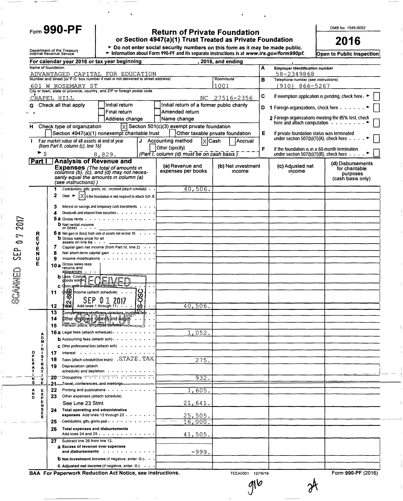 Image of first page of 2016 Form 990PF for ADVANTAGEd CAPITAL FOR EDUCATION