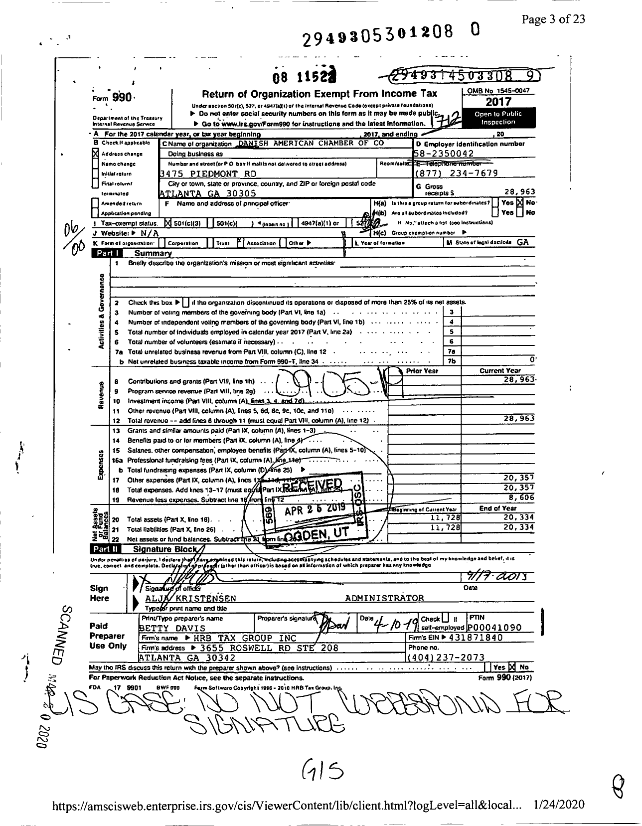 Image of first page of 2017 Form 990O for Danish American Chamber of Commerce Georgia