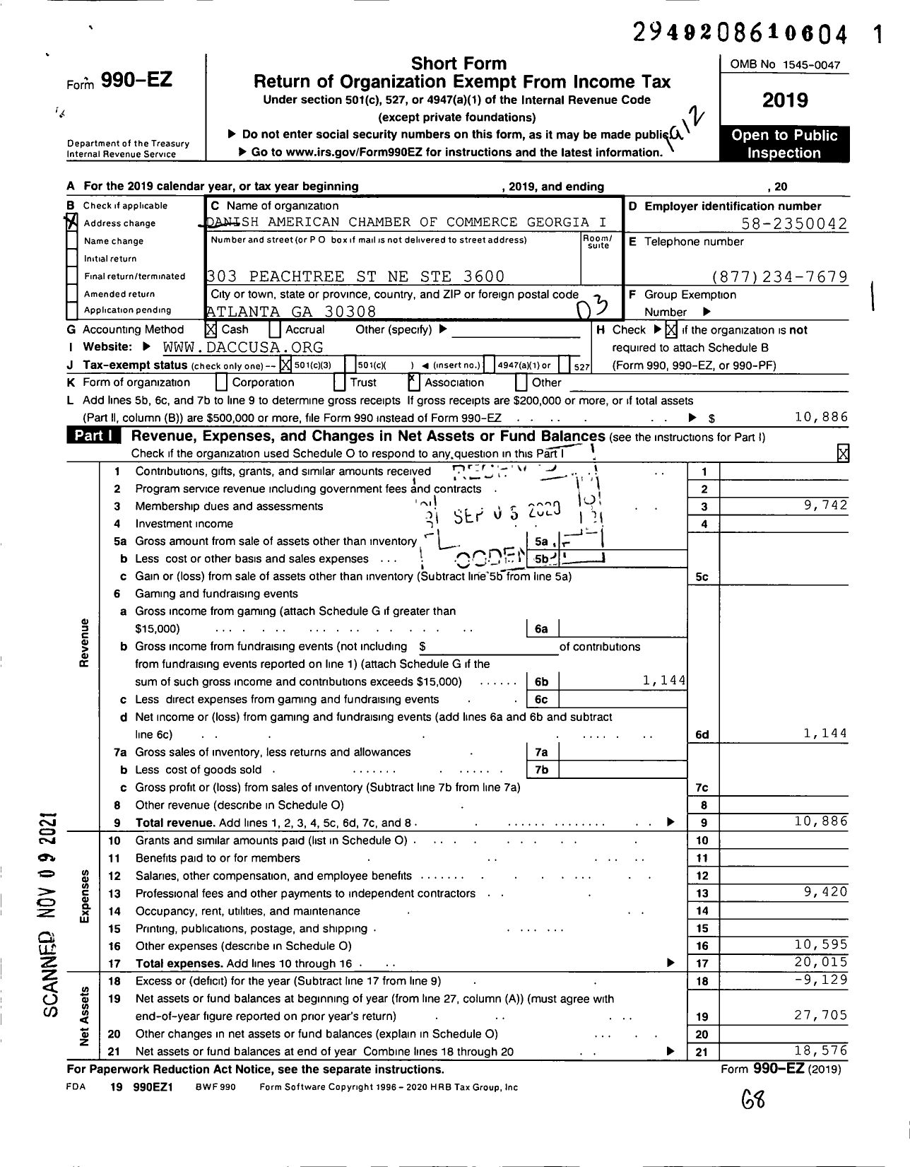 Image of first page of 2019 Form 990EZ for Danish American Chamber of Commerce Georgia