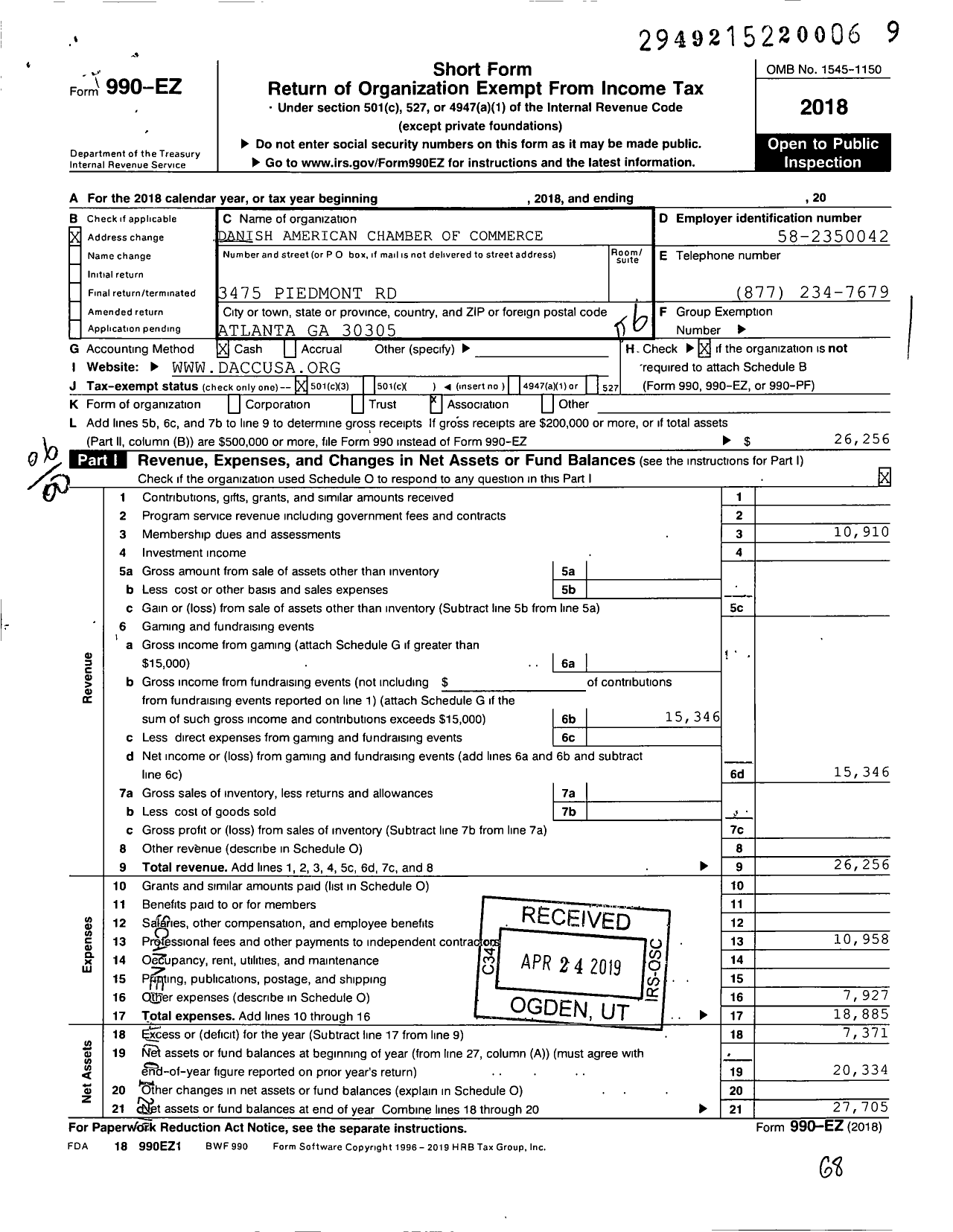 Image of first page of 2018 Form 990EO for Danish American Chamber of Commerce Georgia