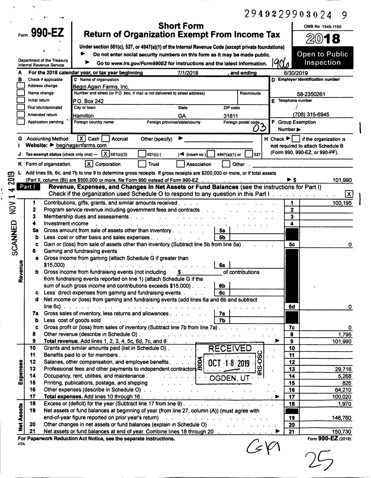 Image of first page of 2018 Form 990EZ for Begin Again Farms