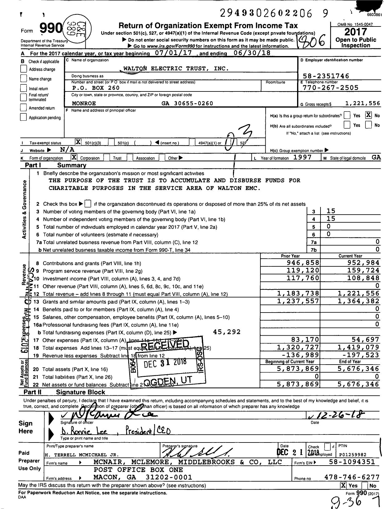 Image of first page of 2017 Form 990 for Walton Electric Trust