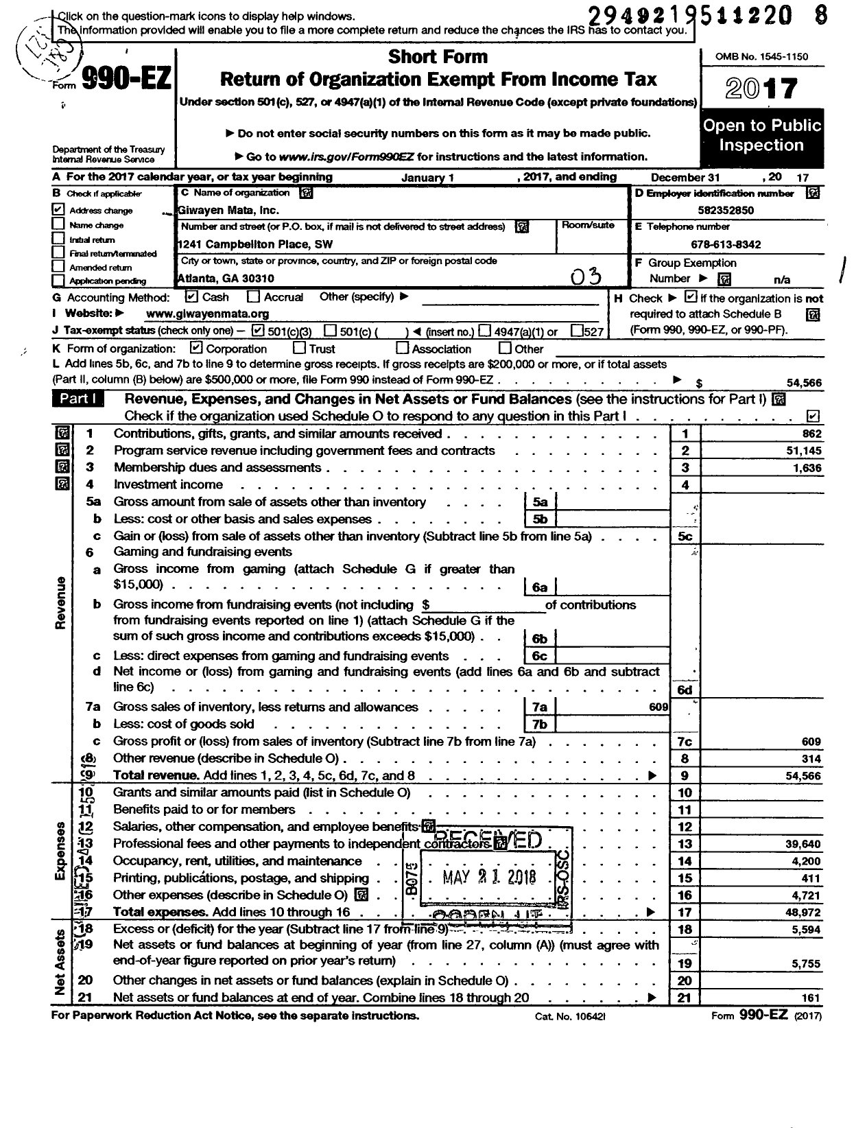 Image of first page of 2017 Form 990EZ for Giwayen Mata