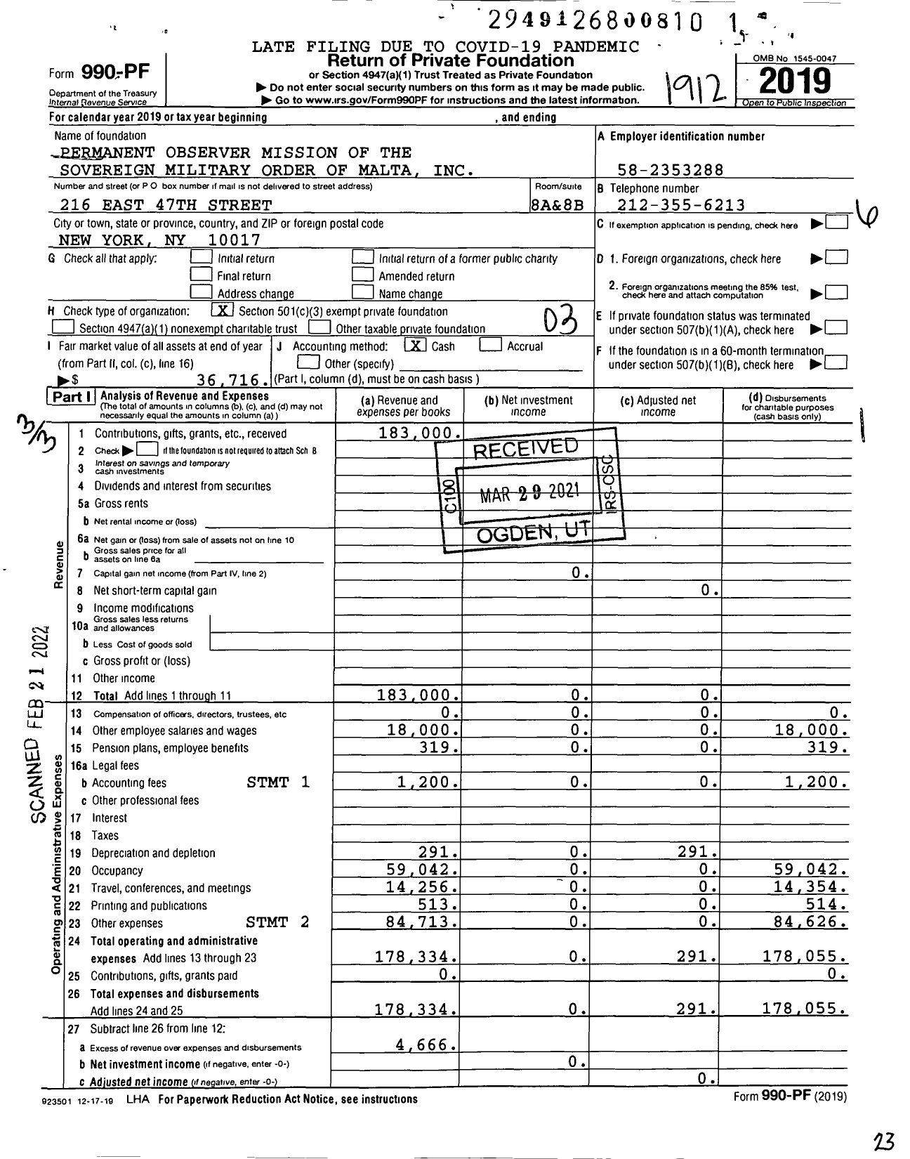 Image of first page of 2019 Form 990PF for Permanent Observer Mission of the Sovereign Military Order of Malta