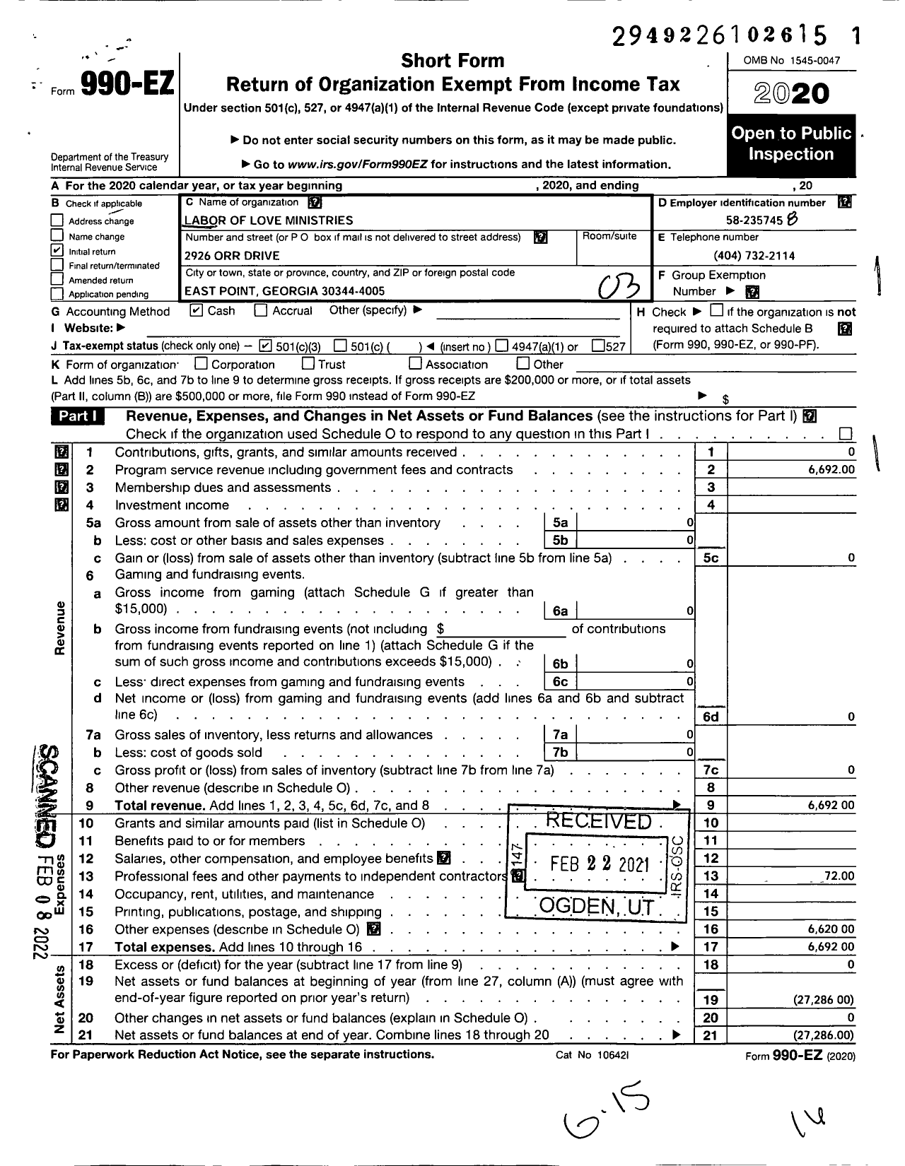 Image of first page of 2020 Form 990EZ for Labor of Love Ministries