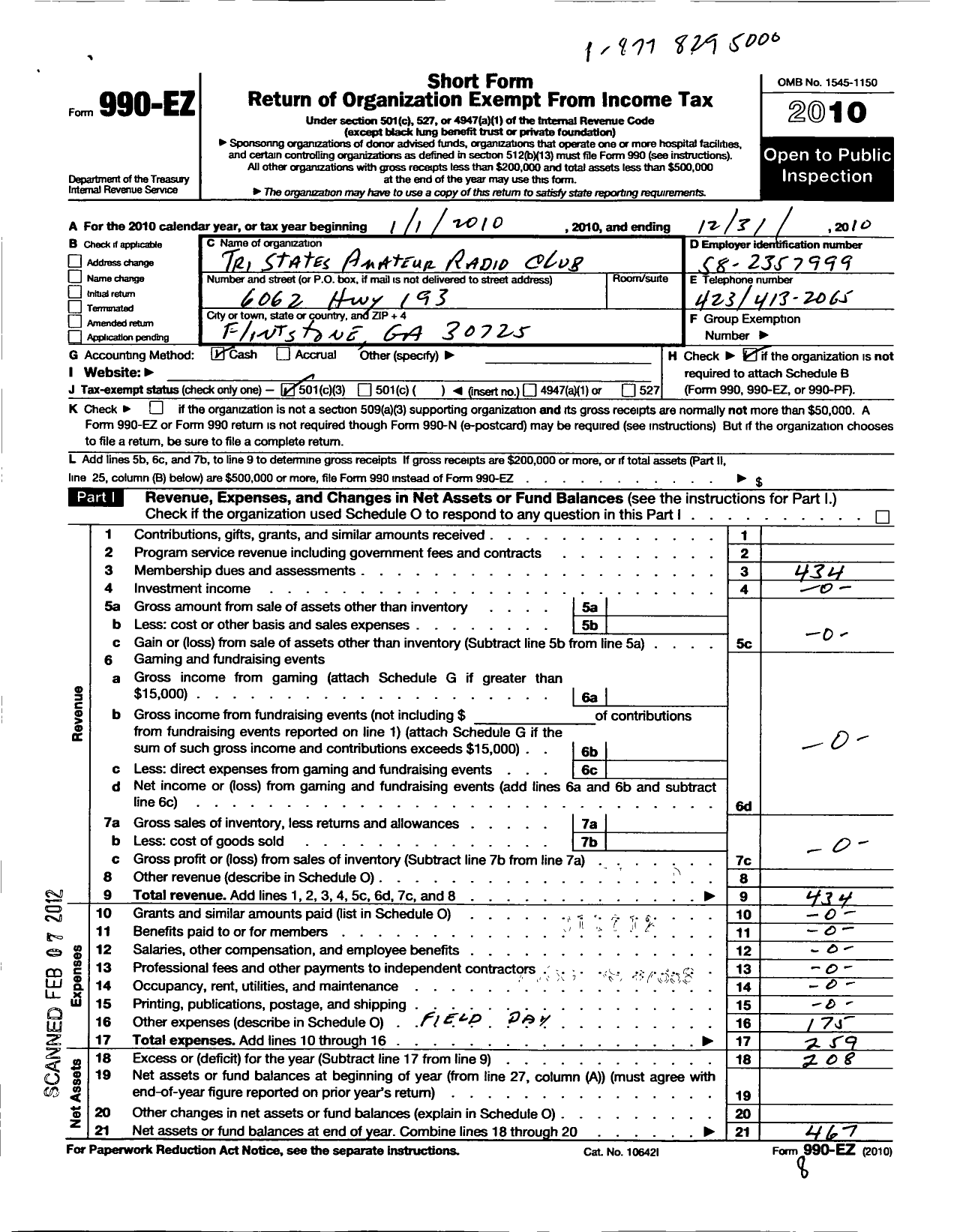 Image of first page of 2010 Form 990EZ for Tri States Amateur Radio Club