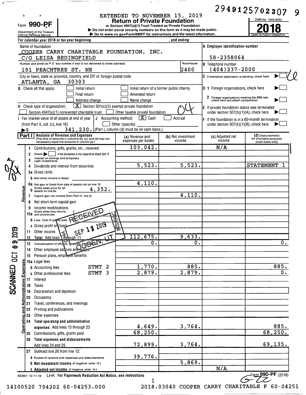 Image of first page of 2018 Form 990PF for Cooper Carry Charitable Foundation