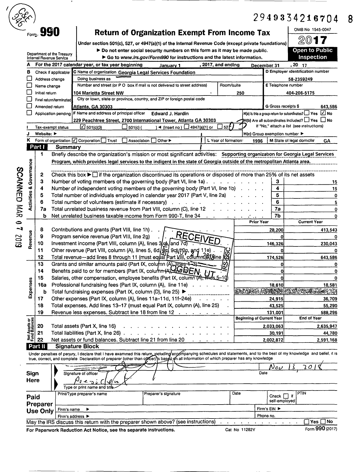 Image of first page of 2017 Form 990 for Georgia Legal Services Foundation