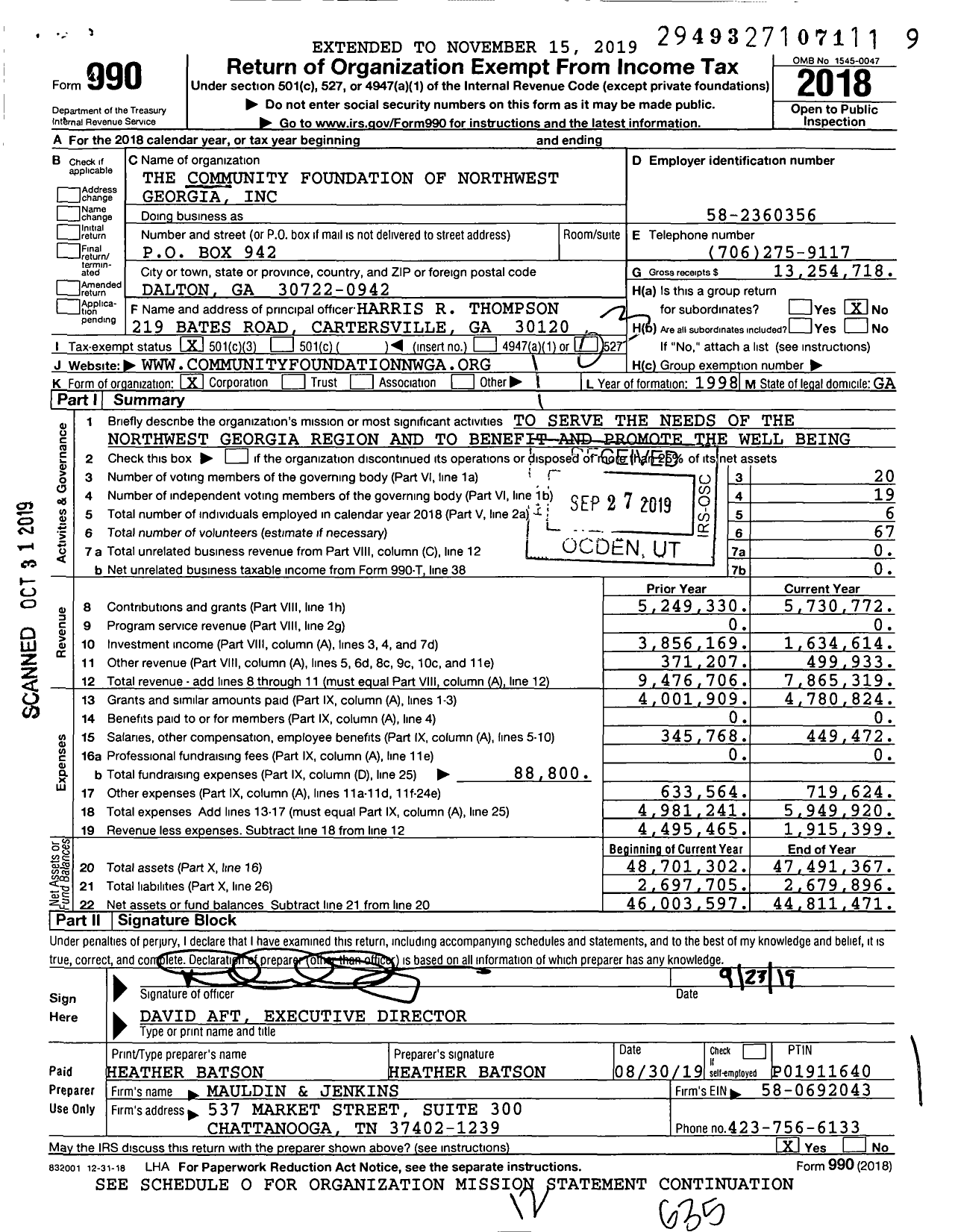 Image of first page of 2018 Form 990 for The Community Foundation of Northwest Georgia