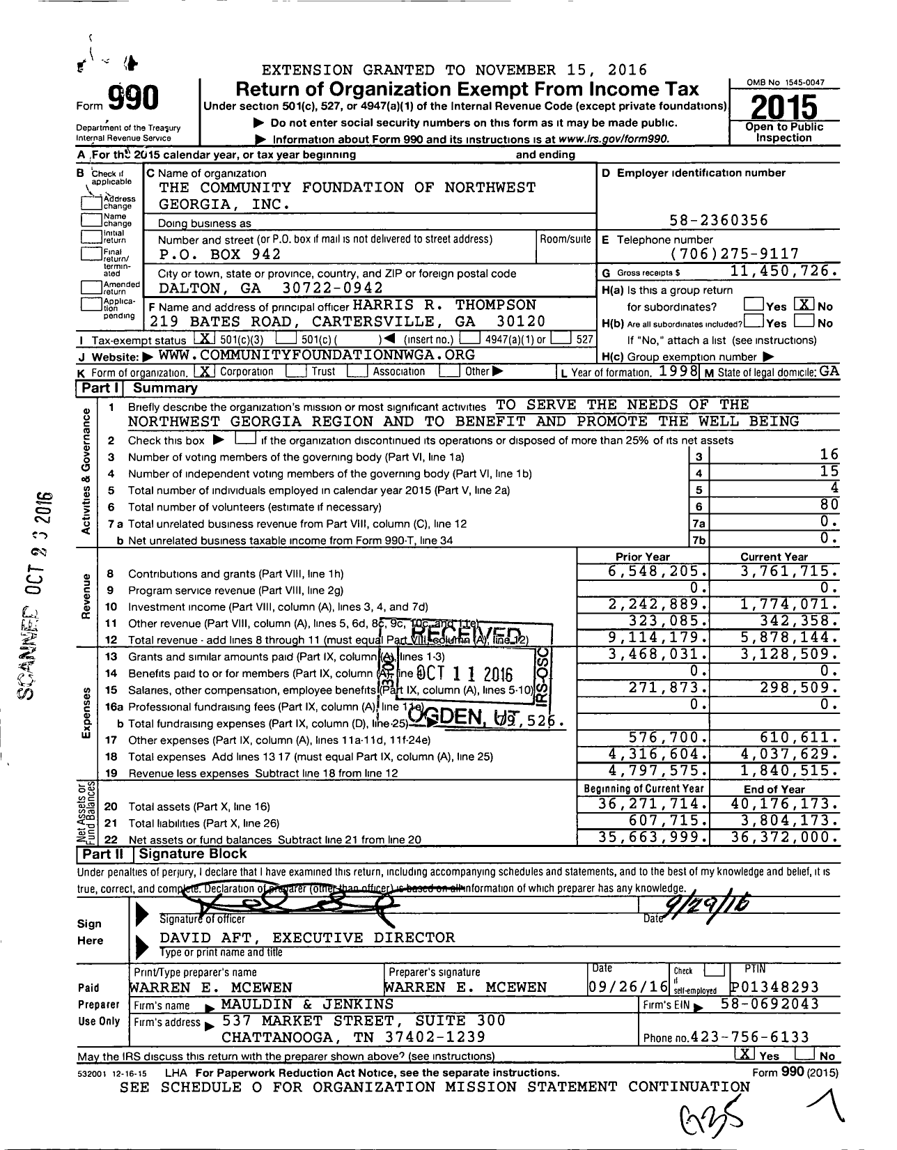 Image of first page of 2015 Form 990 for The Community Foundation of Northwest Georgia
