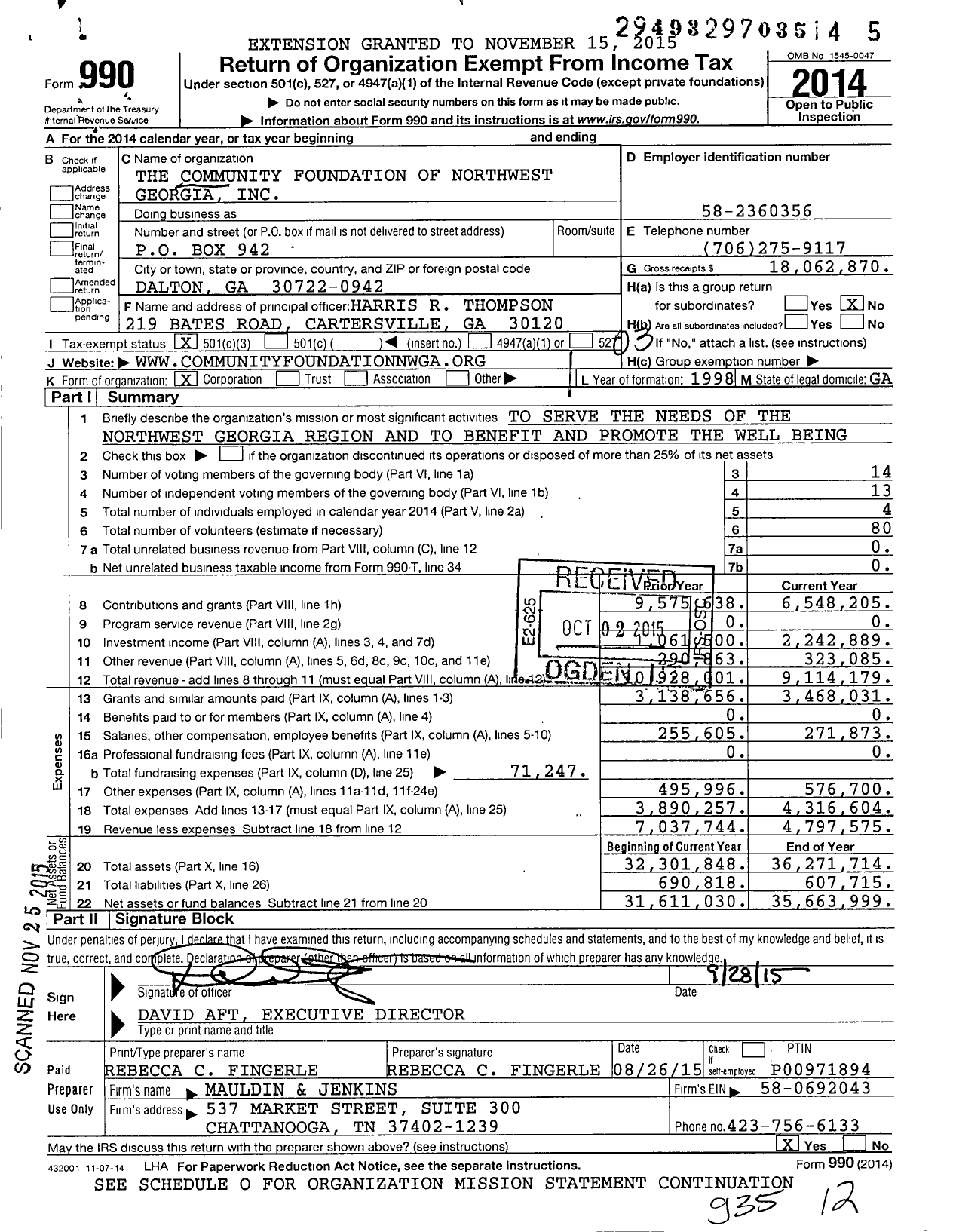 Image of first page of 2014 Form 990 for The Community Foundation of Northwest Georgia