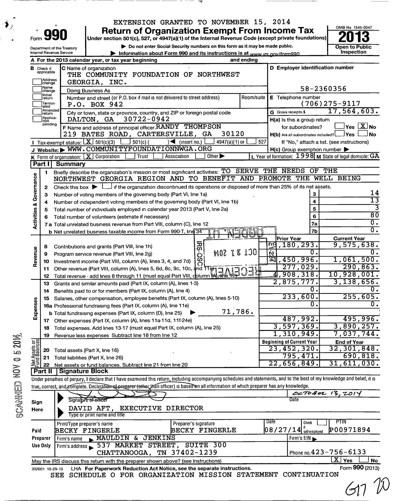 Image of first page of 2013 Form 990 for The Community Foundation of Northwest Georgia