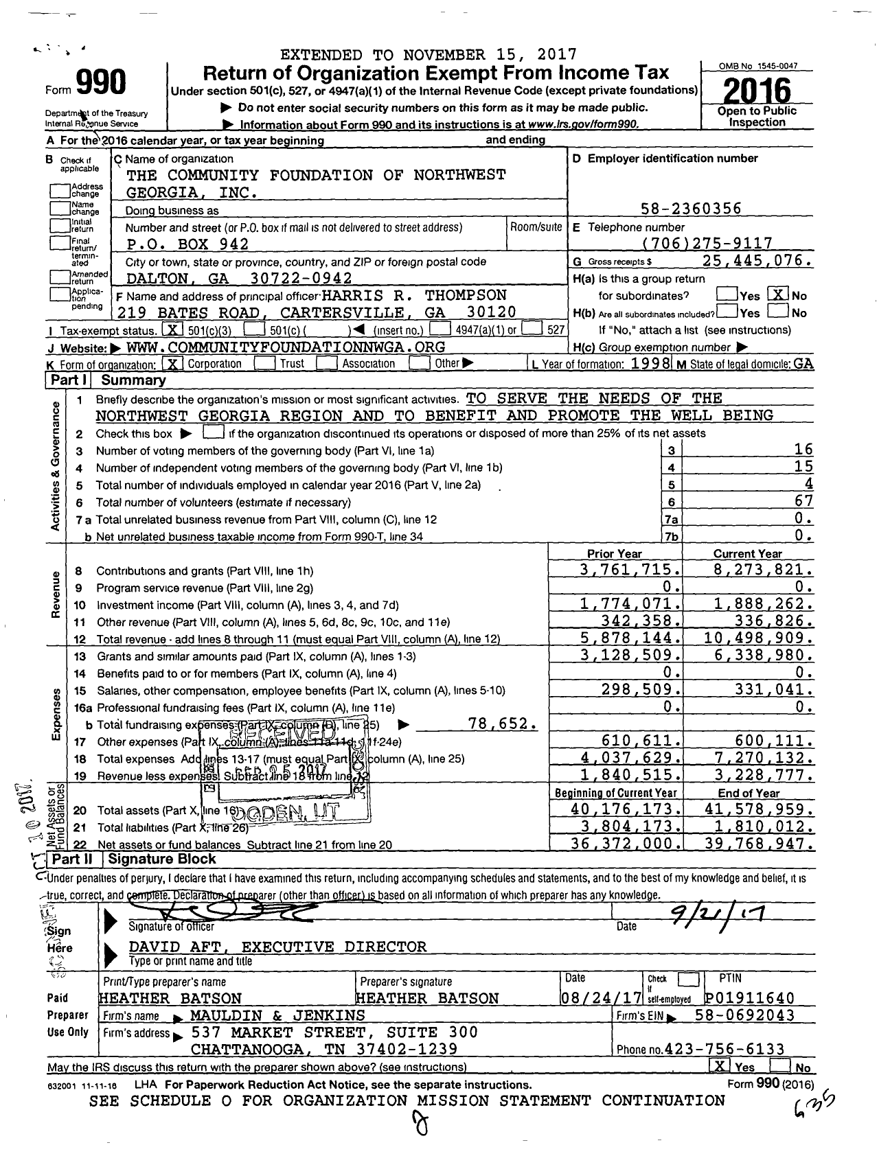 Image of first page of 2016 Form 990 for The Community Foundation of Northwest Georgia