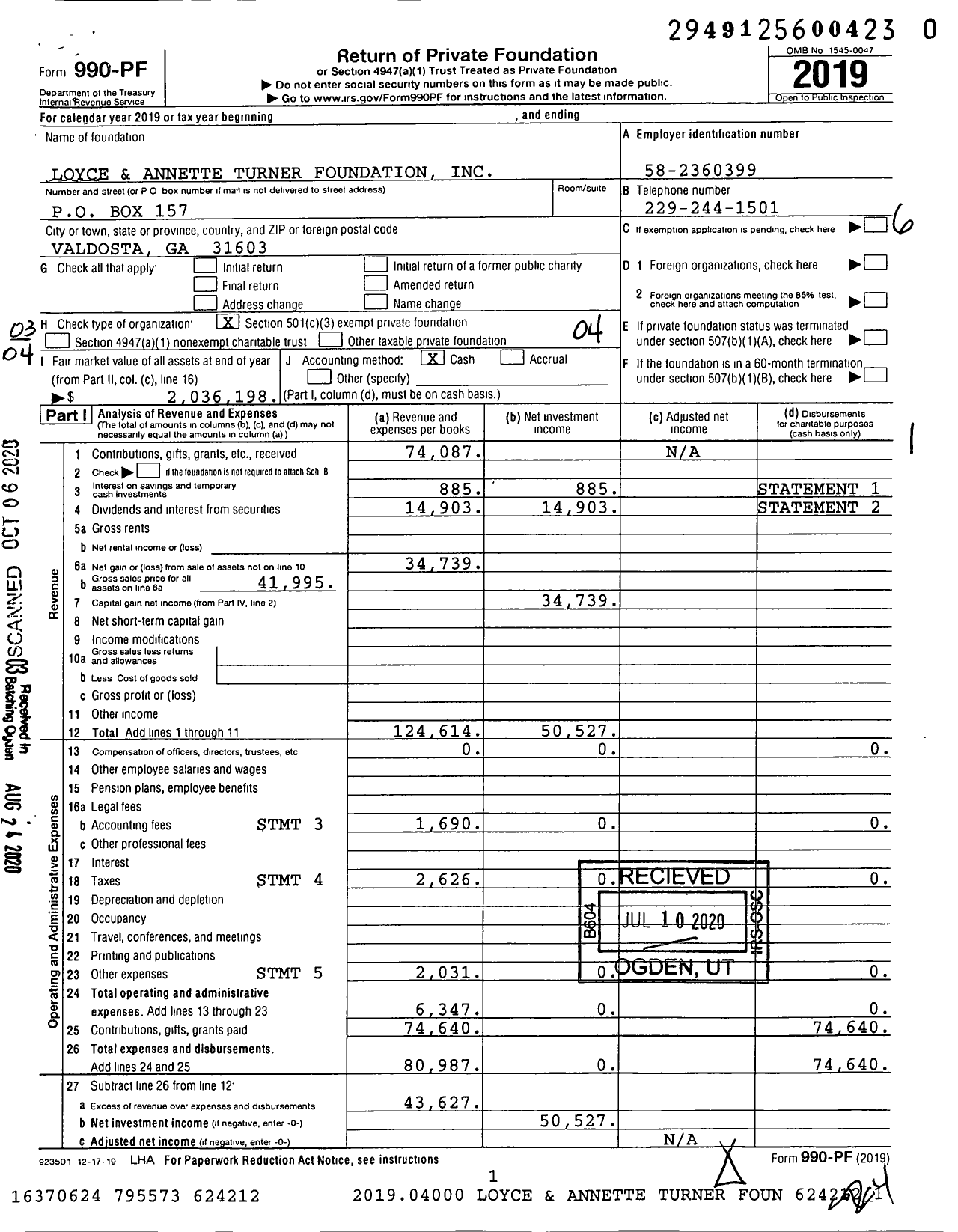 Image of first page of 2019 Form 990PR for Loyce and Annette Turner Foundation