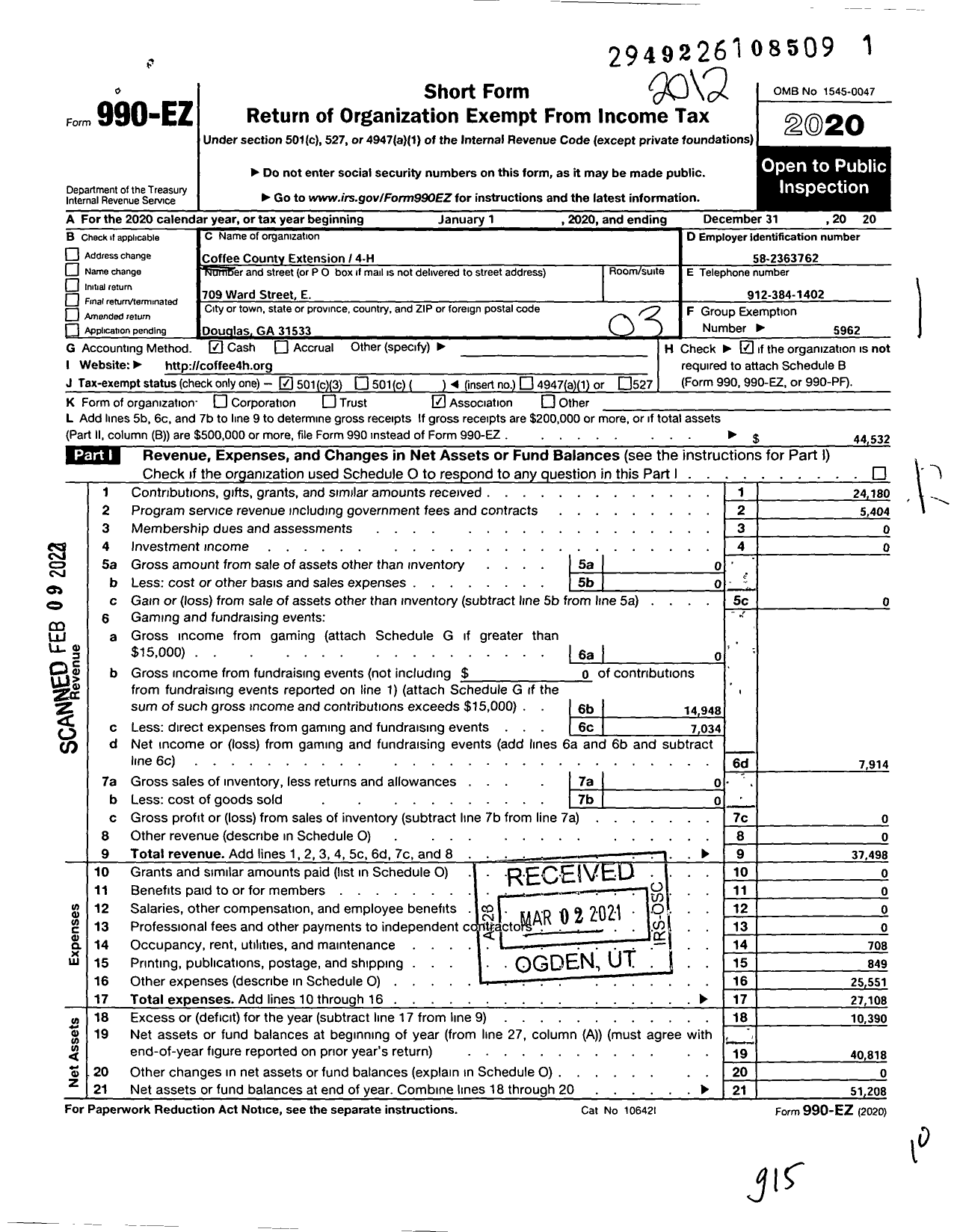 Image of first page of 2020 Form 990EZ for Coffee County Extension 4-H