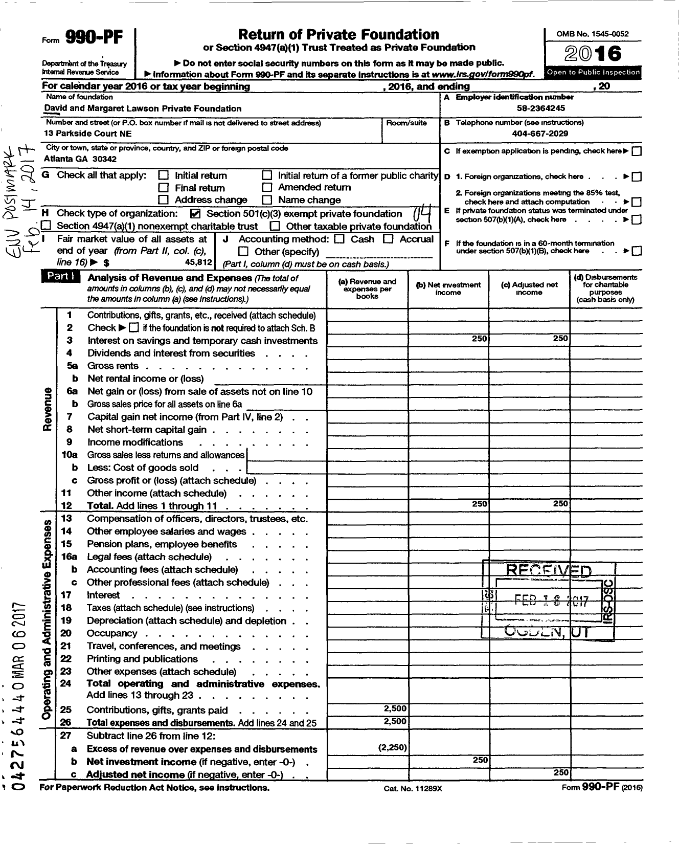 Image of first page of 2016 Form 990PF for David J Lawson and Margaret H Lawson Private Foundation