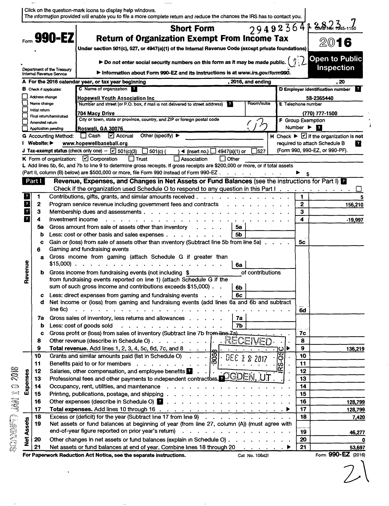 Image of first page of 2016 Form 990EZ for Hopewell Youth Association