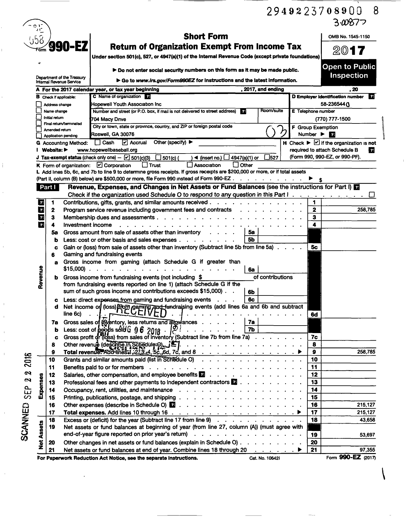 Image of first page of 2017 Form 990EZ for Hopewell Youth Association