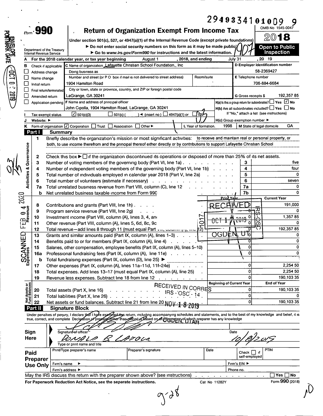 Image of first page of 2018 Form 990 for Lafayette Christian School Foundation