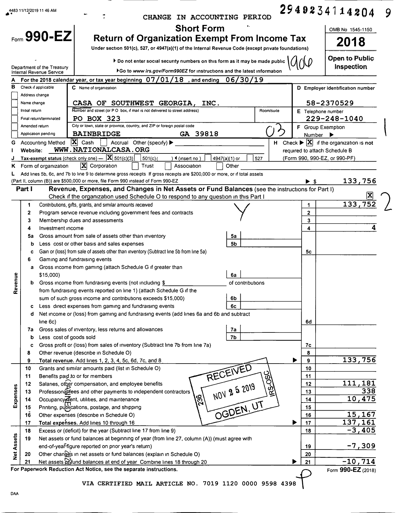 Image of first page of 2018 Form 990EZ for Casa of Southwest Georgia