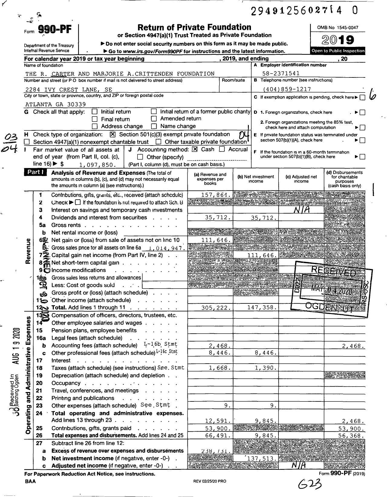 Image of first page of 2019 Form 990PR for The R Carter and Marjorie A Crittenden Foundation