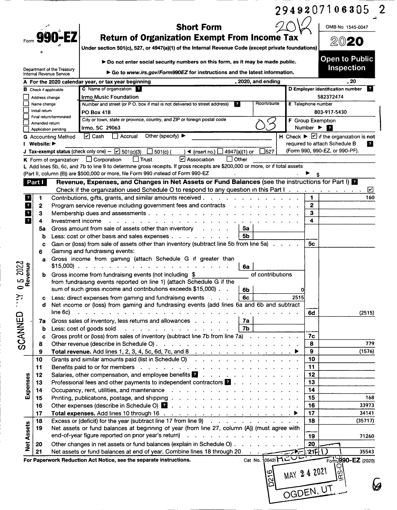 Image of first page of 2020 Form 990EZ for Irmo Music Foundation