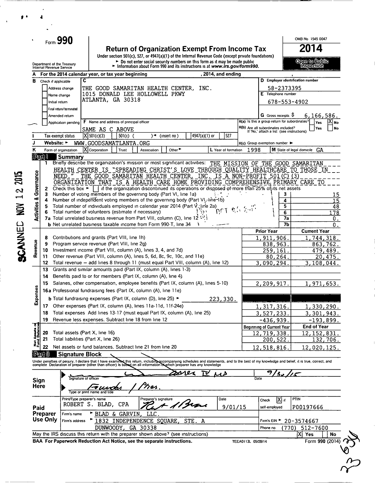 Image of first page of 2014 Form 990 for The Good Samaritan Health Center