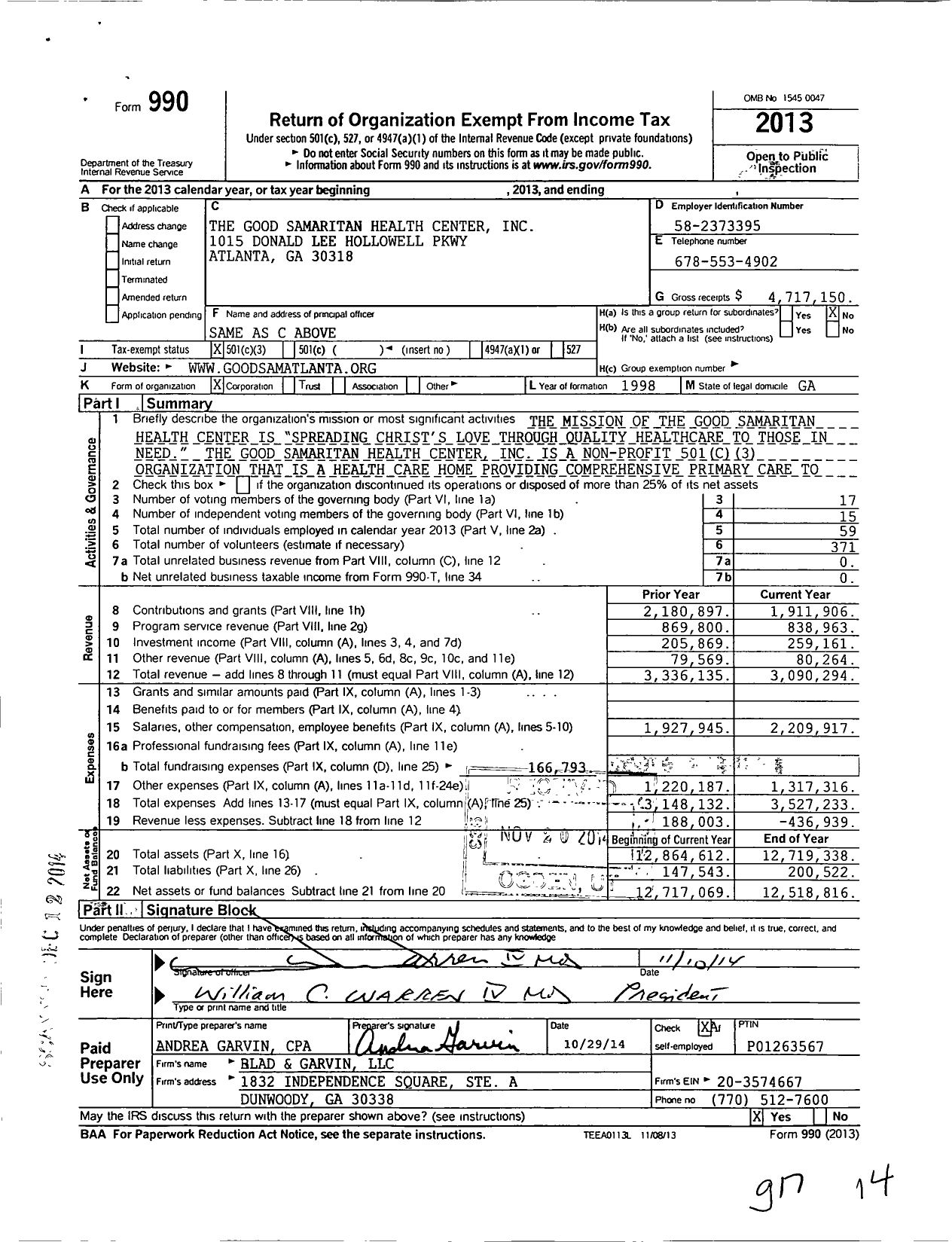 Image of first page of 2013 Form 990 for The Good Samaritan Health Center