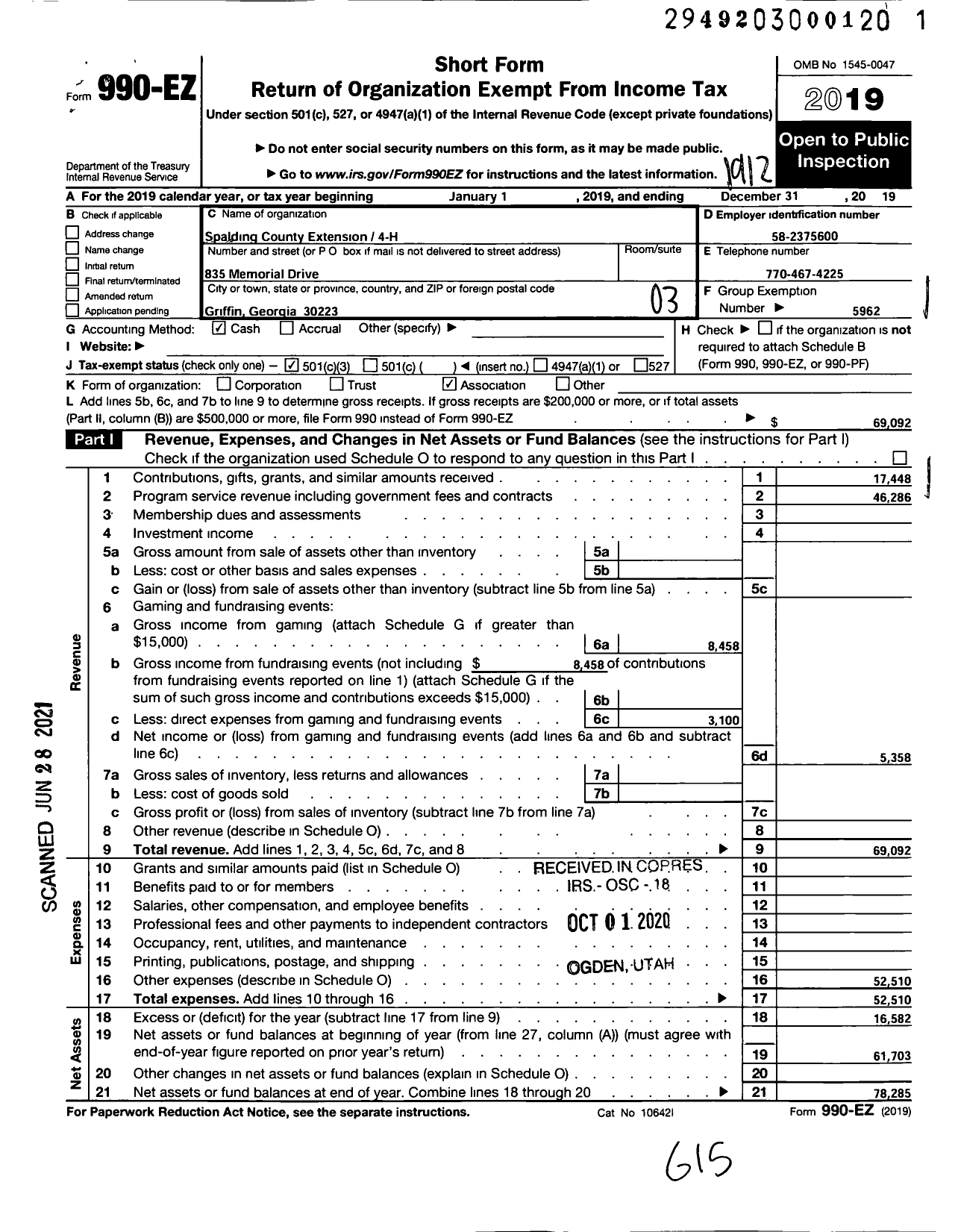 Image of first page of 2019 Form 990EZ for Georgia Extension 4-H Foundation / Spalding County Extension 4-H