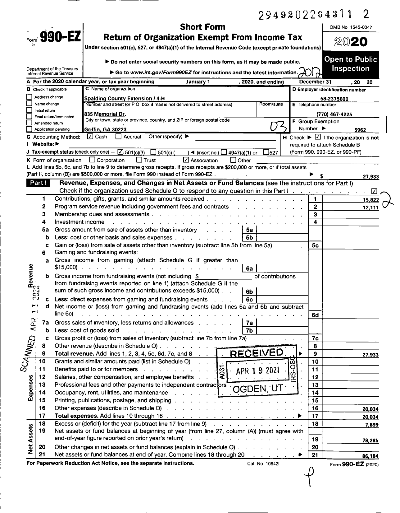 Image of first page of 2020 Form 990EZ for Georgia Extension 4-H Foundation / Spalding County Extension 4-H