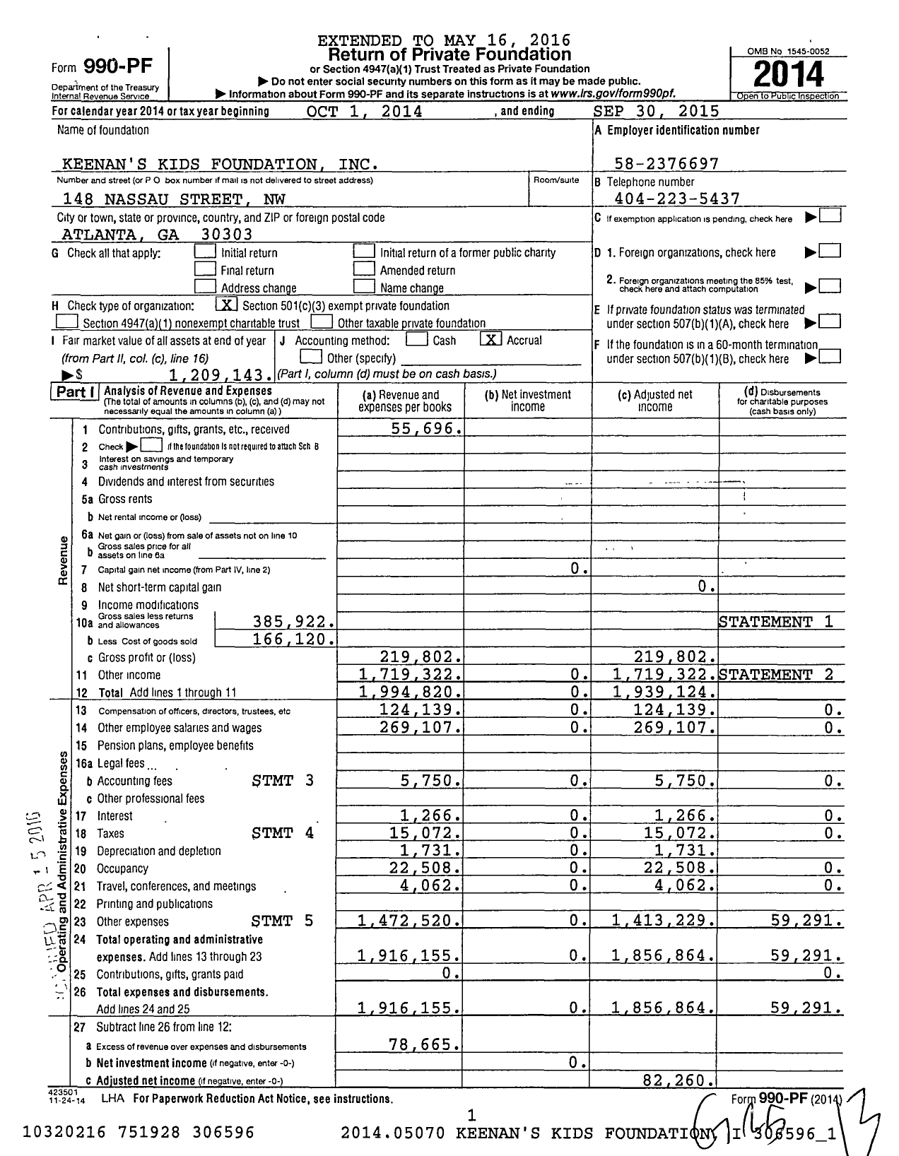 Image of first page of 2014 Form 990PF for Keenan's Kids Foundation