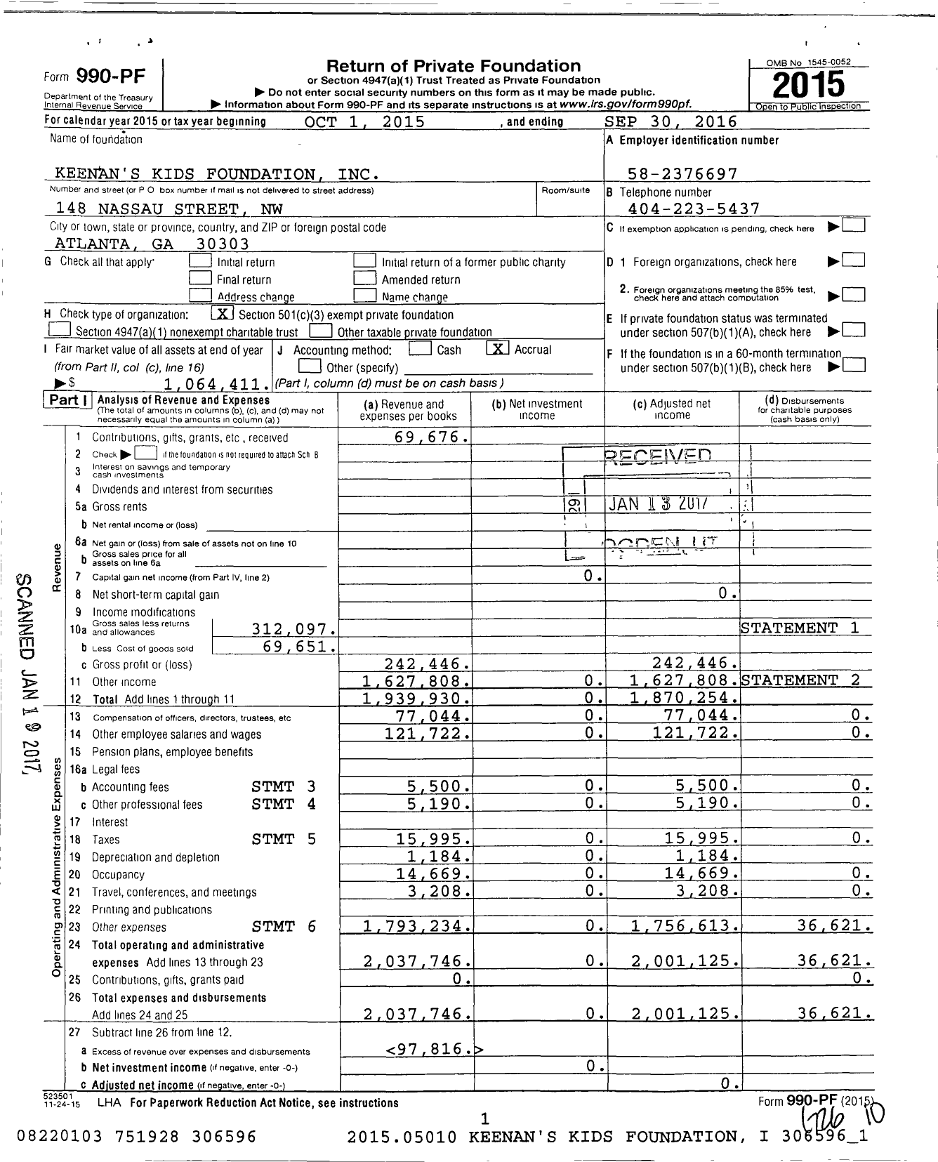 Image of first page of 2015 Form 990PF for Keenan's Kids Foundation