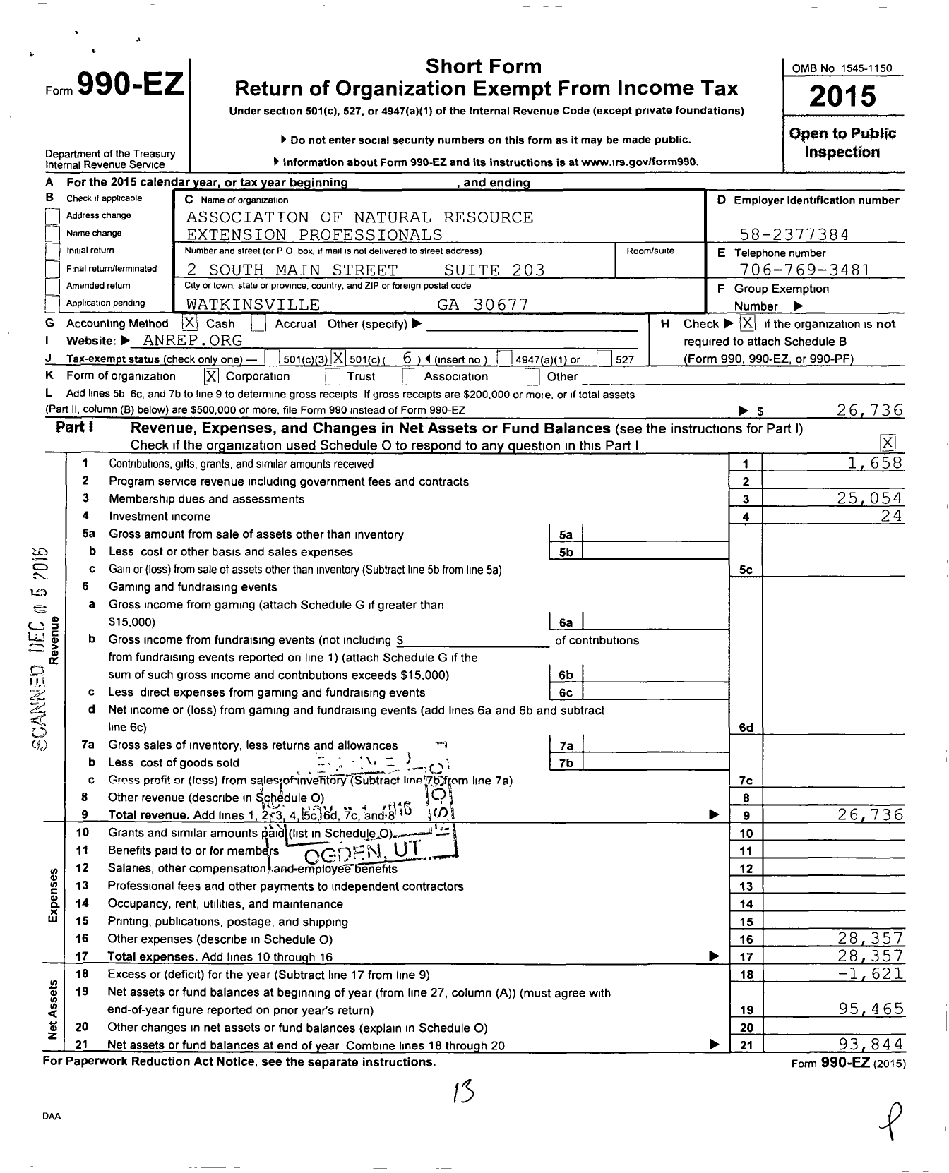 Image of first page of 2015 Form 990EO for Association of Natural Resource Extension Professionals