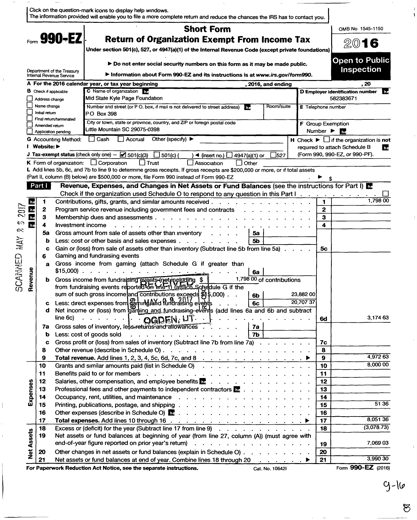 Image of first page of 2016 Form 990EZ for Mid State Kyle Page Foundation