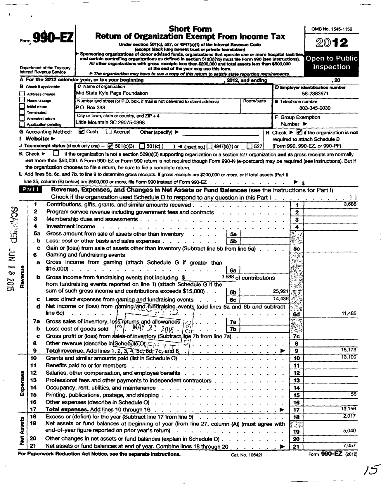 Image of first page of 2012 Form 990EZ for Mid State Kyle Page Foundation