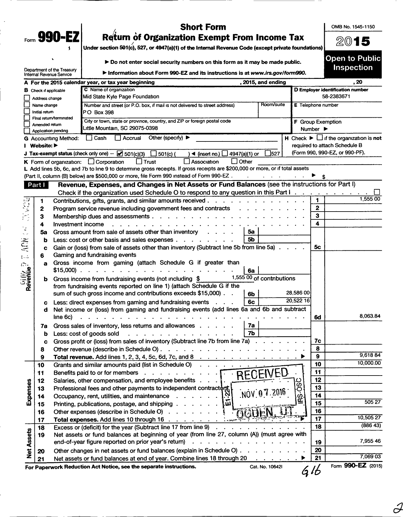 Image of first page of 2015 Form 990EZ for Mid State Kyle Page Foundation