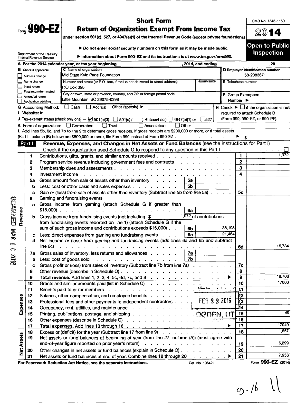 Image of first page of 2014 Form 990EZ for Mid State Kyle Page Foundation