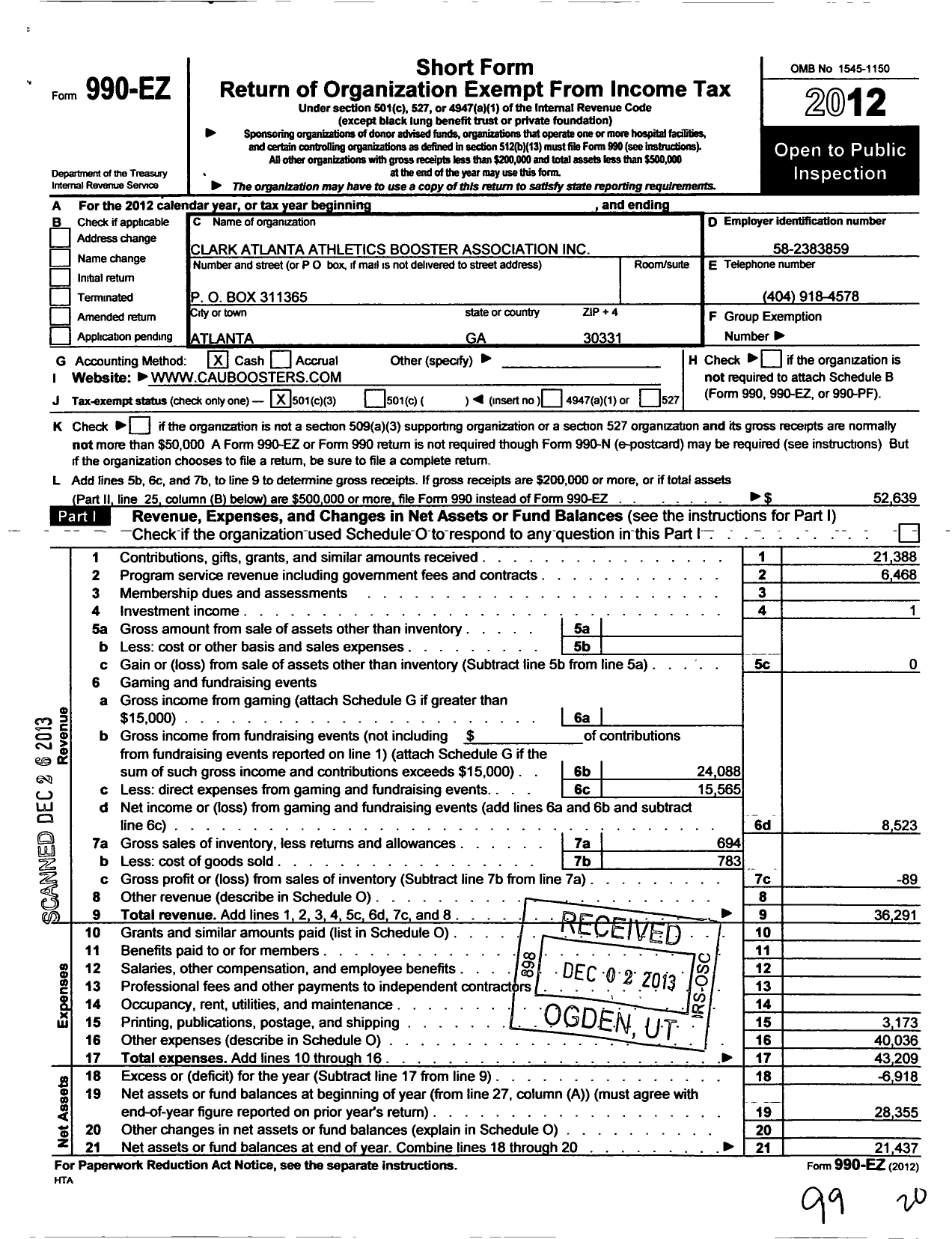 Image of first page of 2012 Form 990EZ for CLARK ATLANTA ATHLETICS BOOSTERs ASSOCIATION