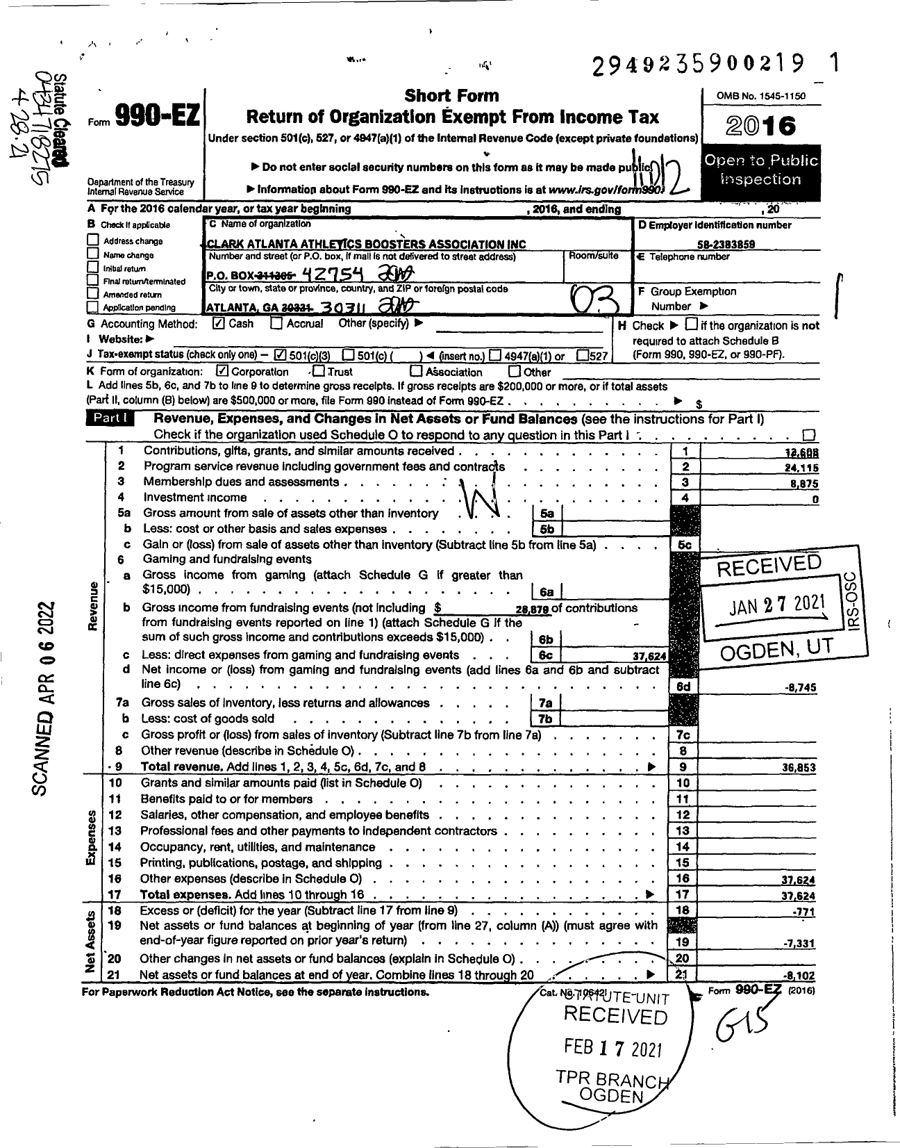 Image of first page of 2016 Form 990EZ for CLARK ATLANTA ATHLETICS BOOSTERs ASSOCIATION