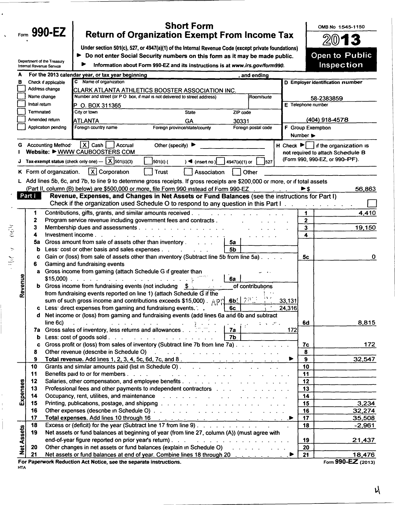 Image of first page of 2013 Form 990EZ for CLARK ATLANTA ATHLETICS BOOSTERs ASSOCIATION