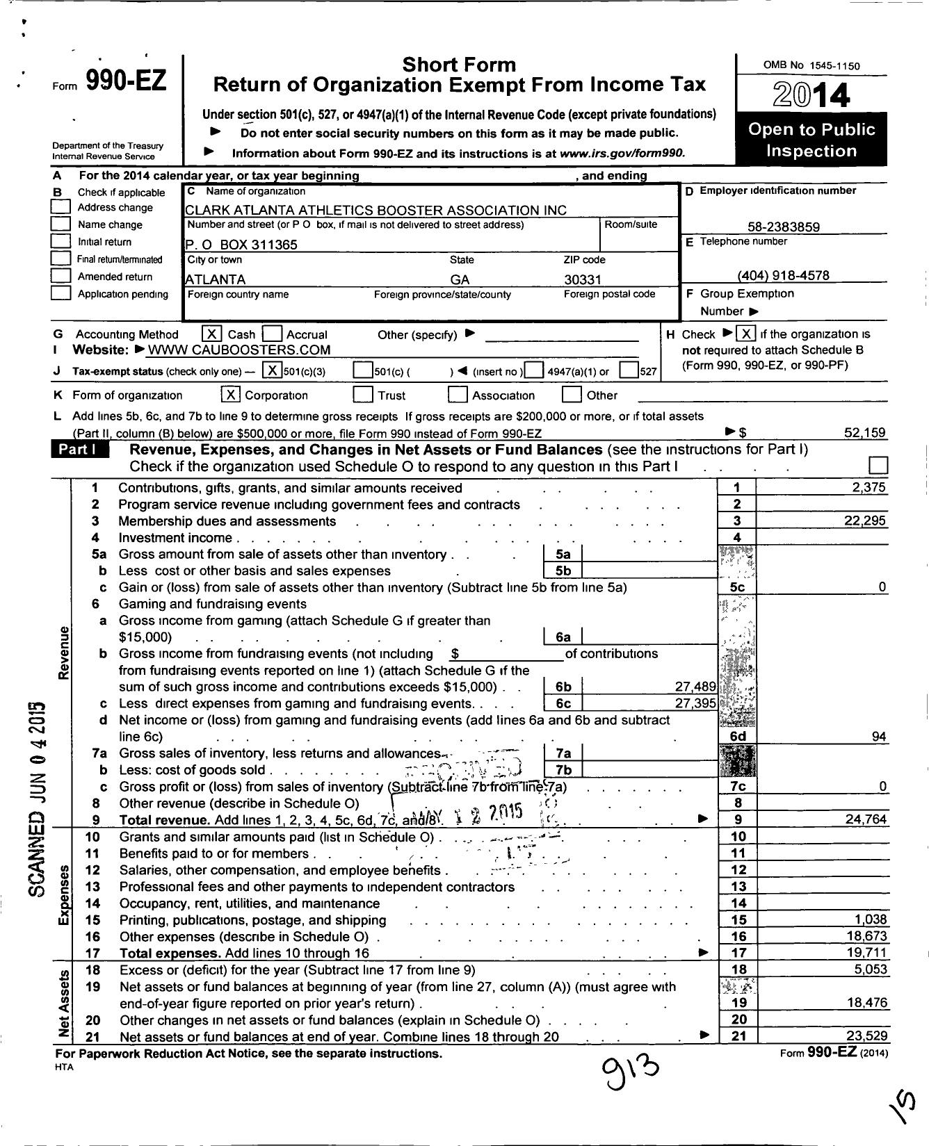 Image of first page of 2014 Form 990EZ for CLARK ATLANTA ATHLETICS BOOSTERs ASSOCIATION