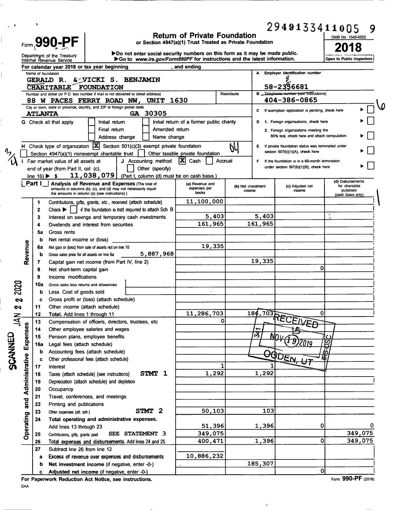 Image of first page of 2018 Form 990PF for Gerald R and Vicki S Benjamin Charitable Foundation