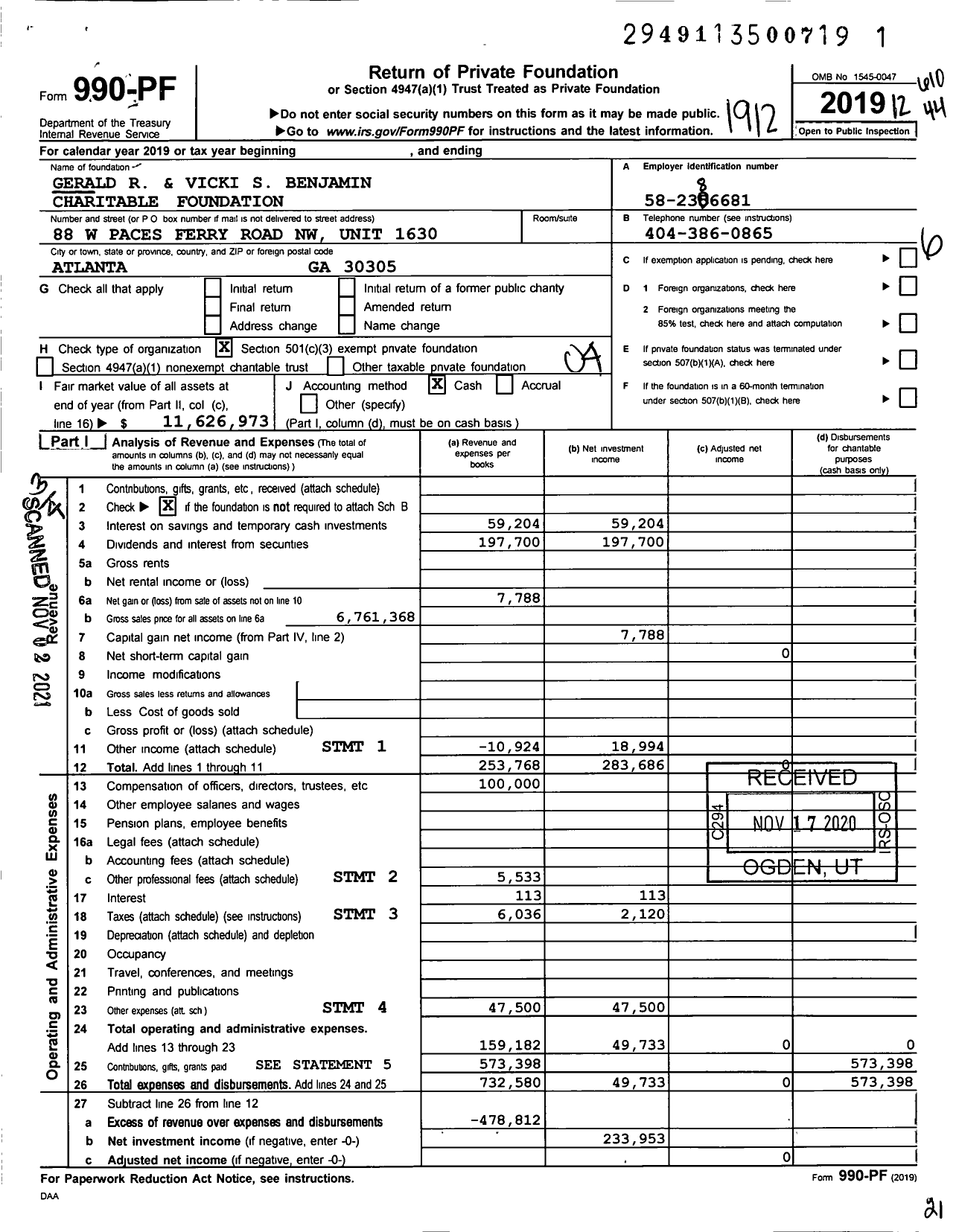 Image of first page of 2019 Form 990PF for Gerald R and Vicki S Benjamin Charitable Foundation