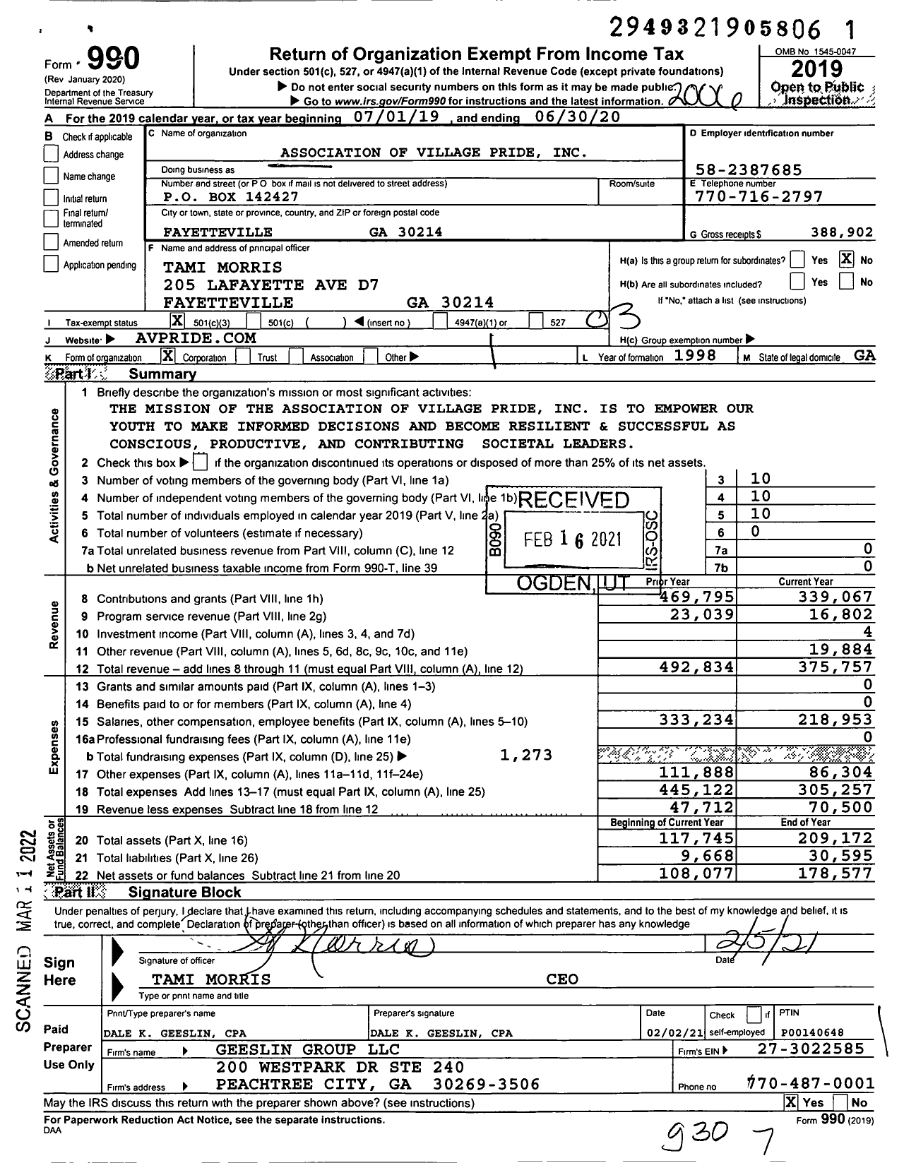 Image of first page of 2019 Form 990 for Association Of Village Pride