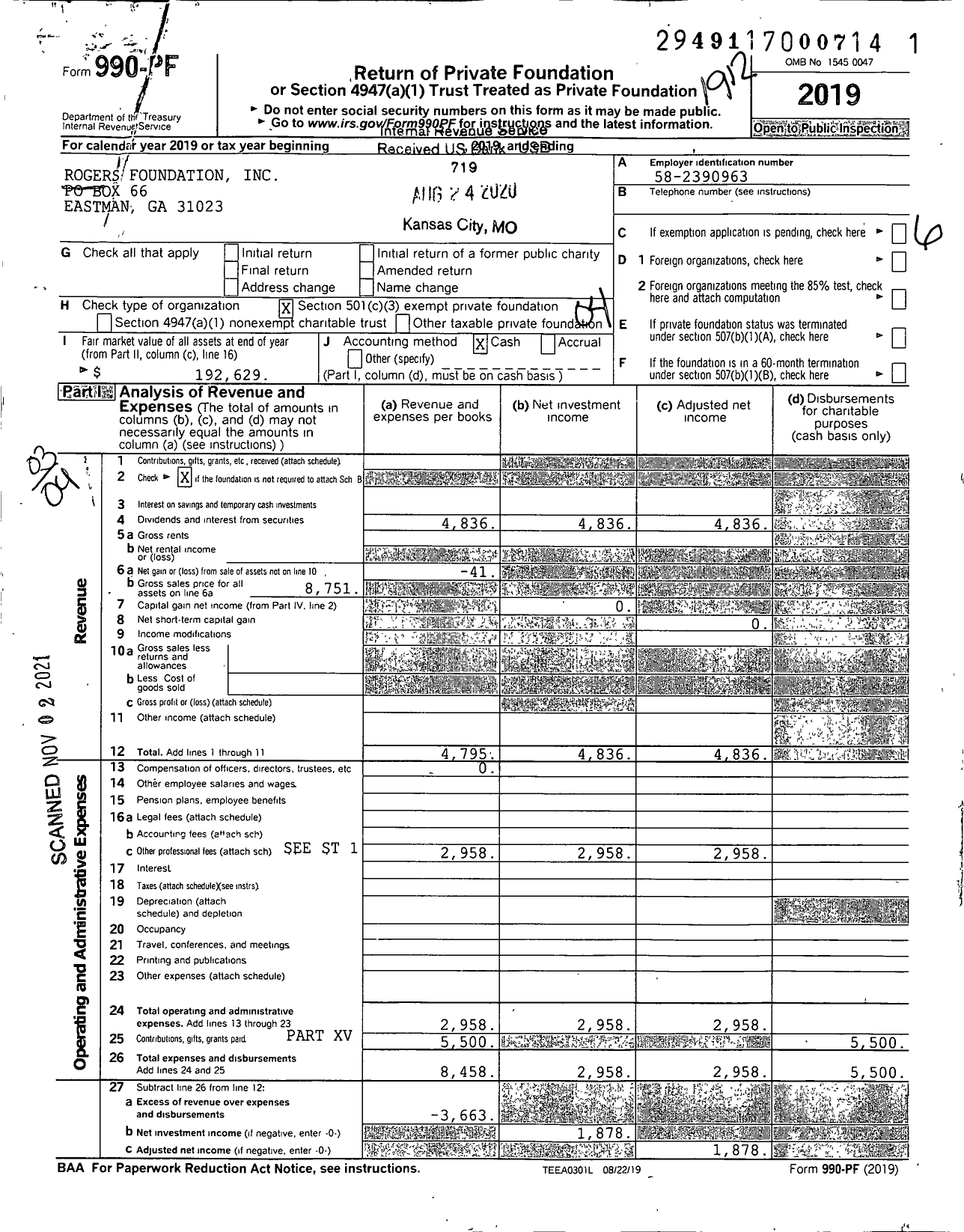 Image of first page of 2019 Form 990PF for Rogers Foundation