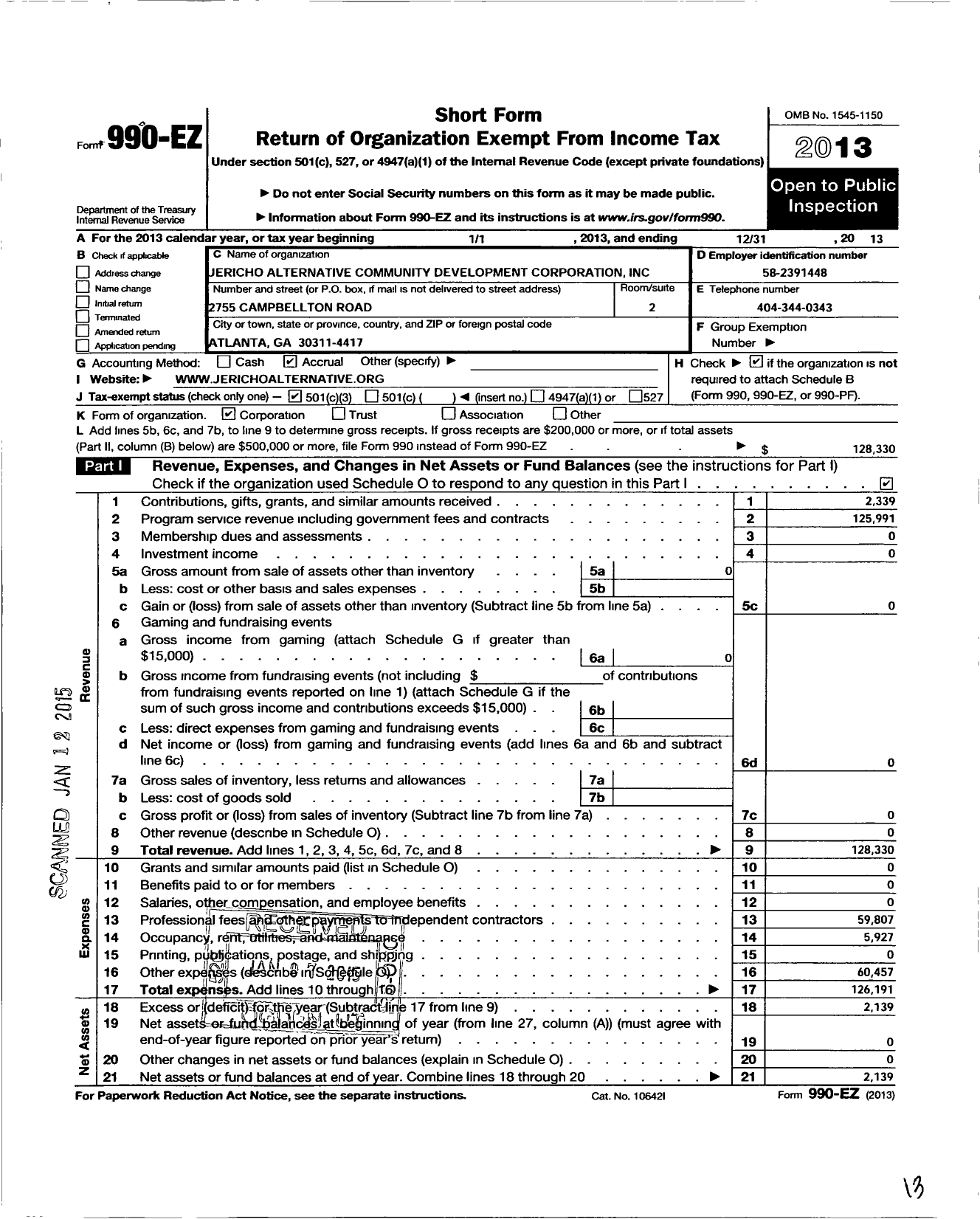 Image of first page of 2013 Form 990EZ for Jericho Alternative Community Development Corporation